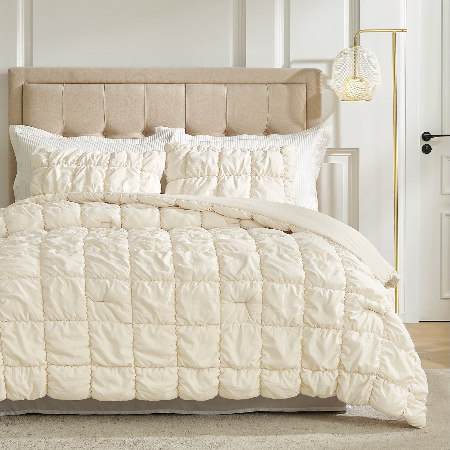 Snuggle Sac All-Season Bubble Comforter Set in beige on bed#color_Beige