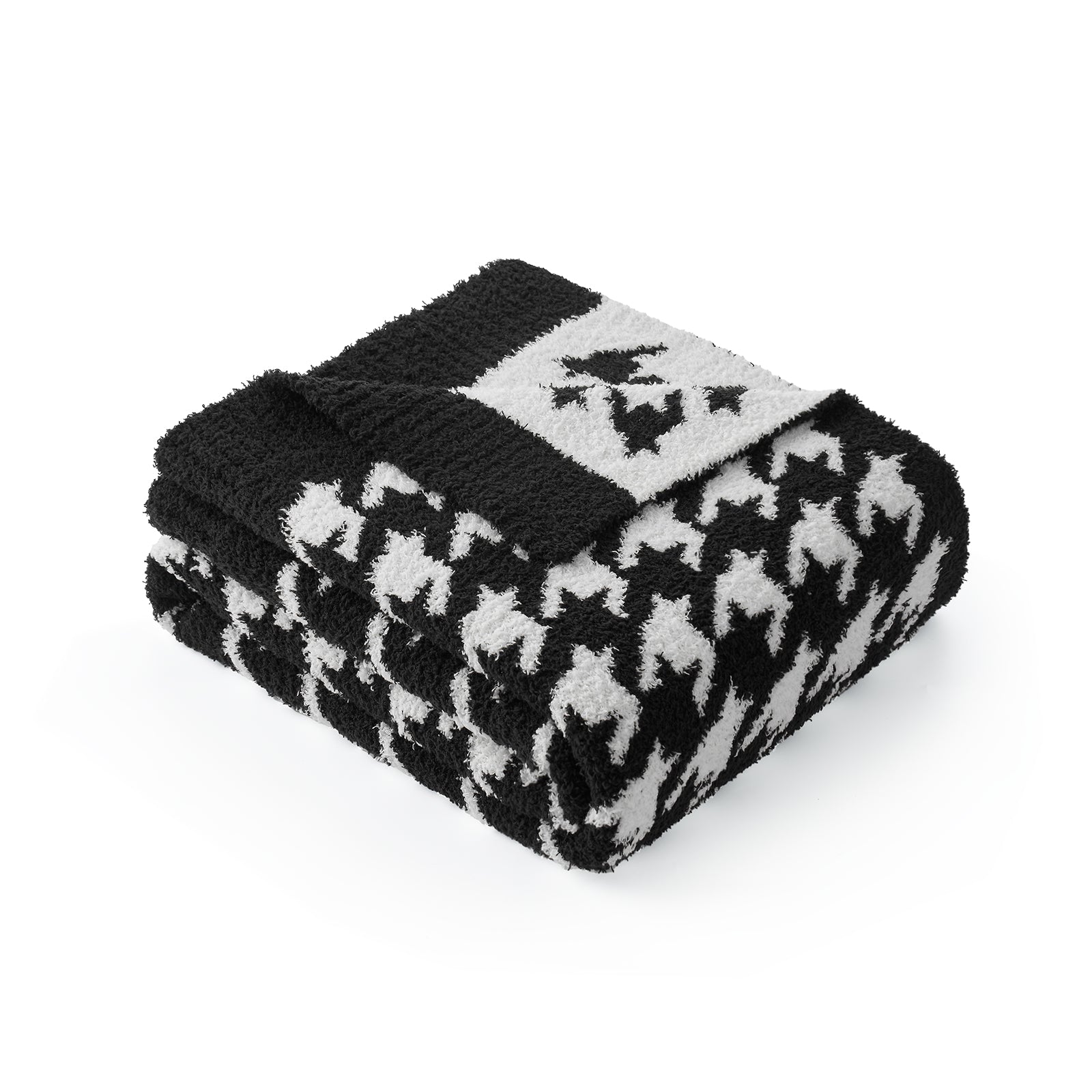 Folded Snuggle Sacs  Reversible Houndstooth Feather Yarn Knit Throw Blanket#Color_Black