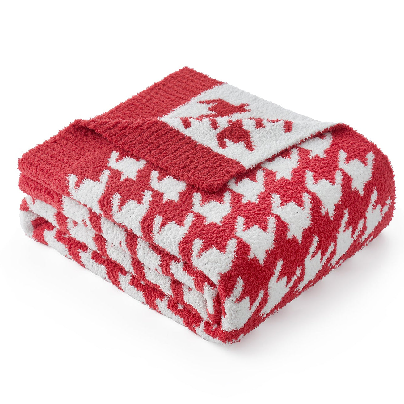 Folded Snuggle Sacs  Reversible Houndstooth Feather Yarn Knit Throw Blanket#Color_Red/Cream