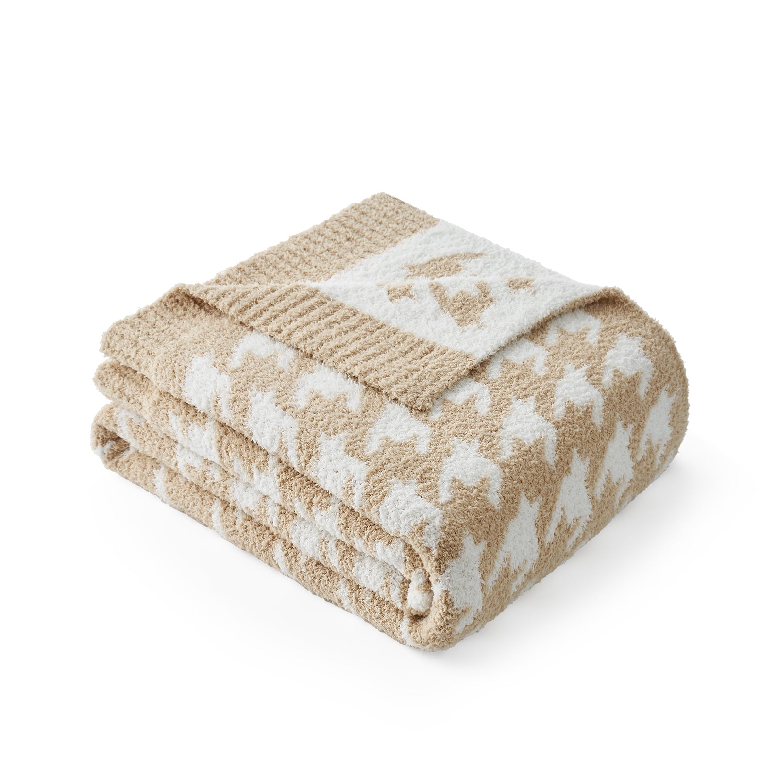 Folded Snuggle Sacs  Reversible Houndstooth Feather Yarn Knit Throw Blanket#Color_Beige