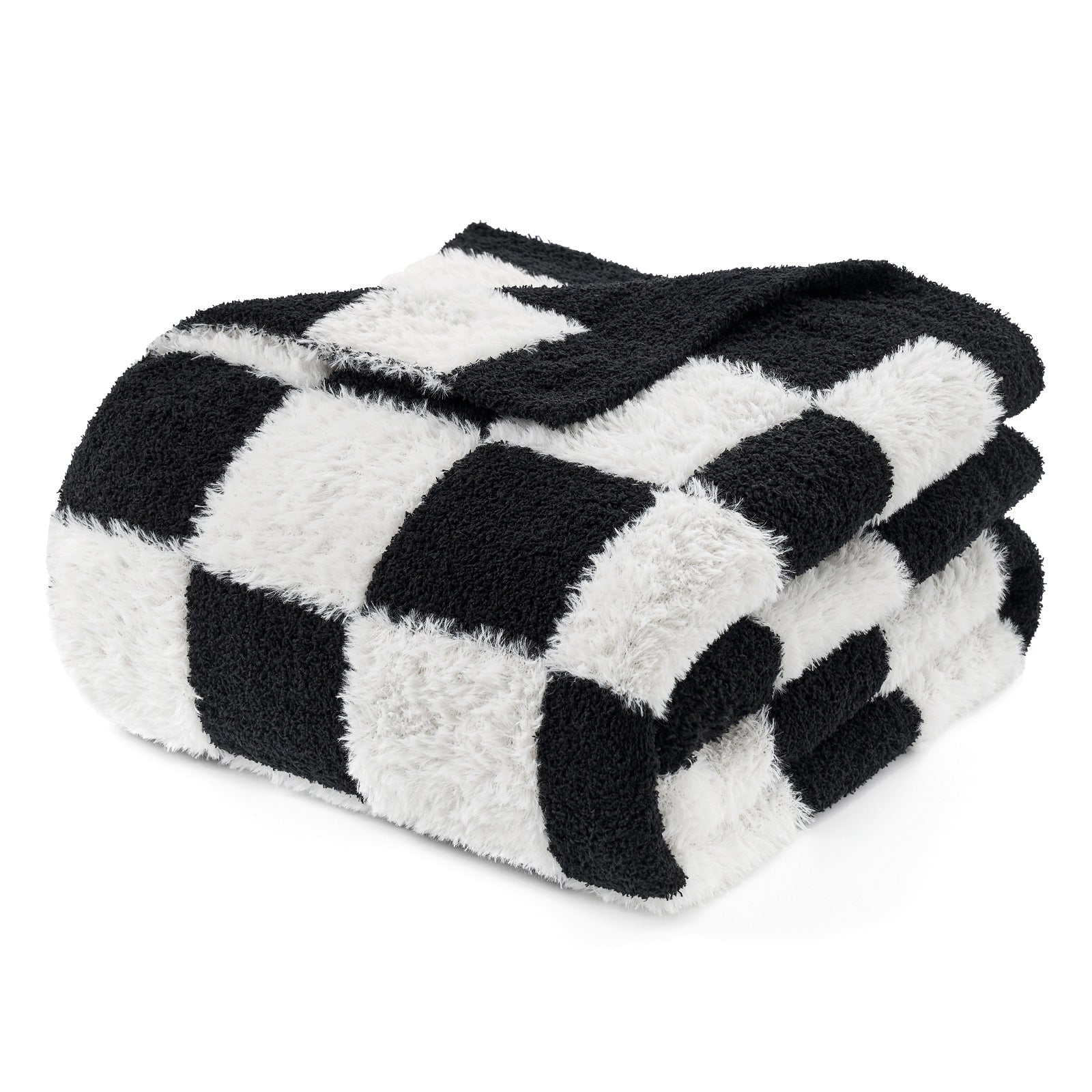 Folded UltraCozy Checkered Feather Yarn Knit Throw Blanket#Color_Black White