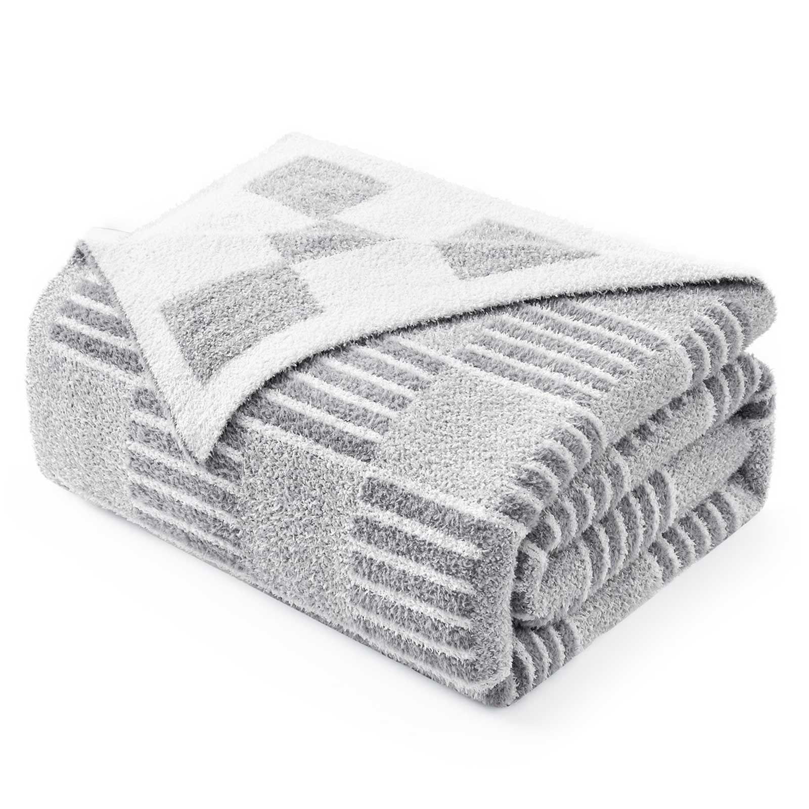 Folded Snuggle Sacs Reversible Heather Checkered Feather Yarn Knit Throw Blanket#Color_Heather Grey