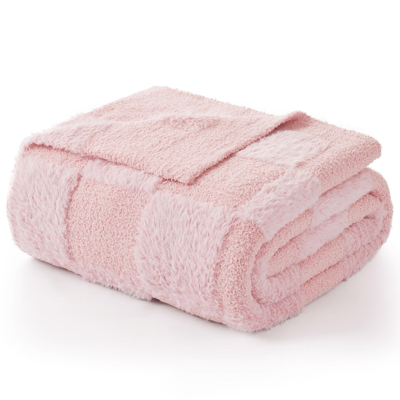 Folded Checkered Faux Fur Microfiber Blanket - #Color_Solid Pink