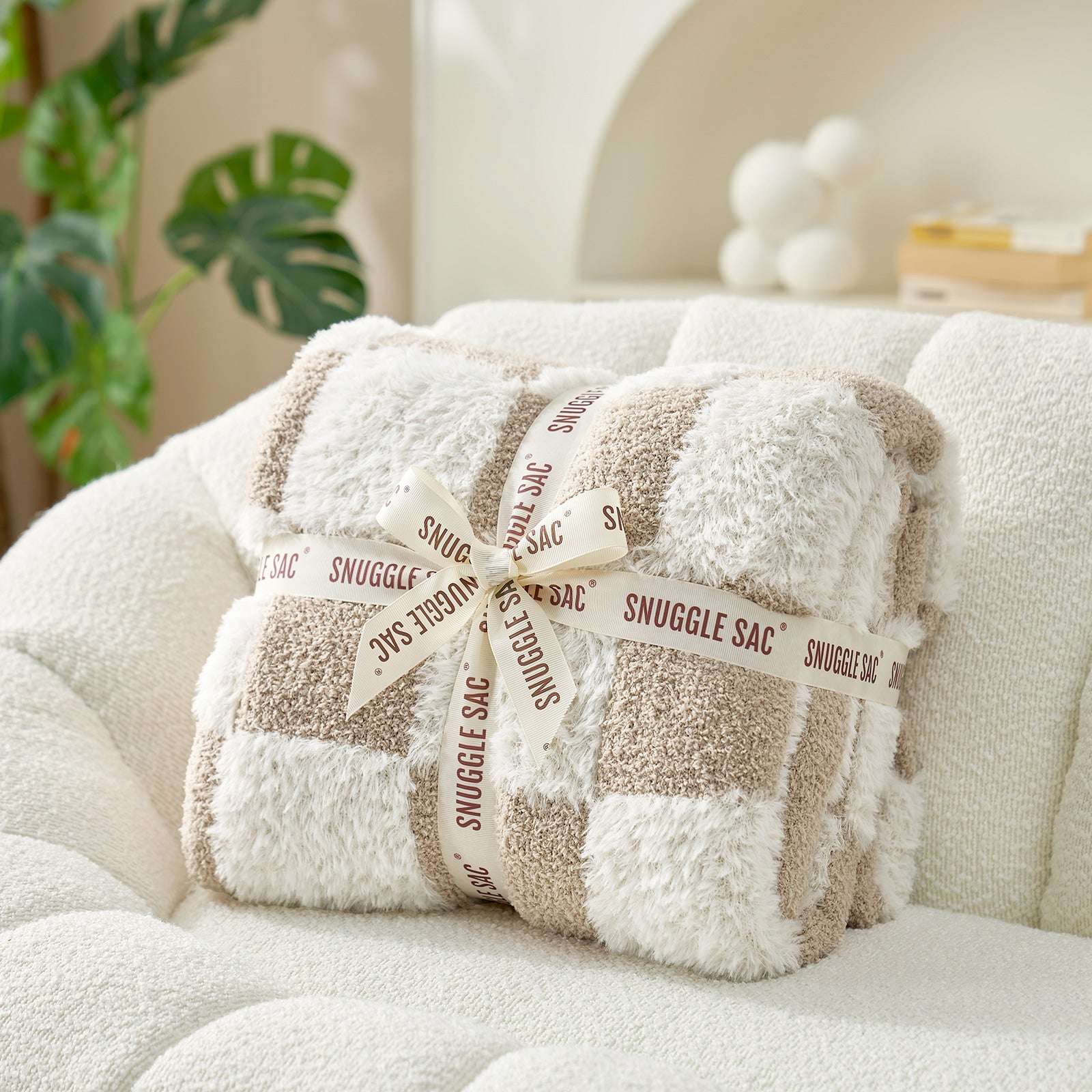 UltraCozy Checkered Feather Yarn Knit Throw Blanket wrapped as a gift#Color_Beige White
