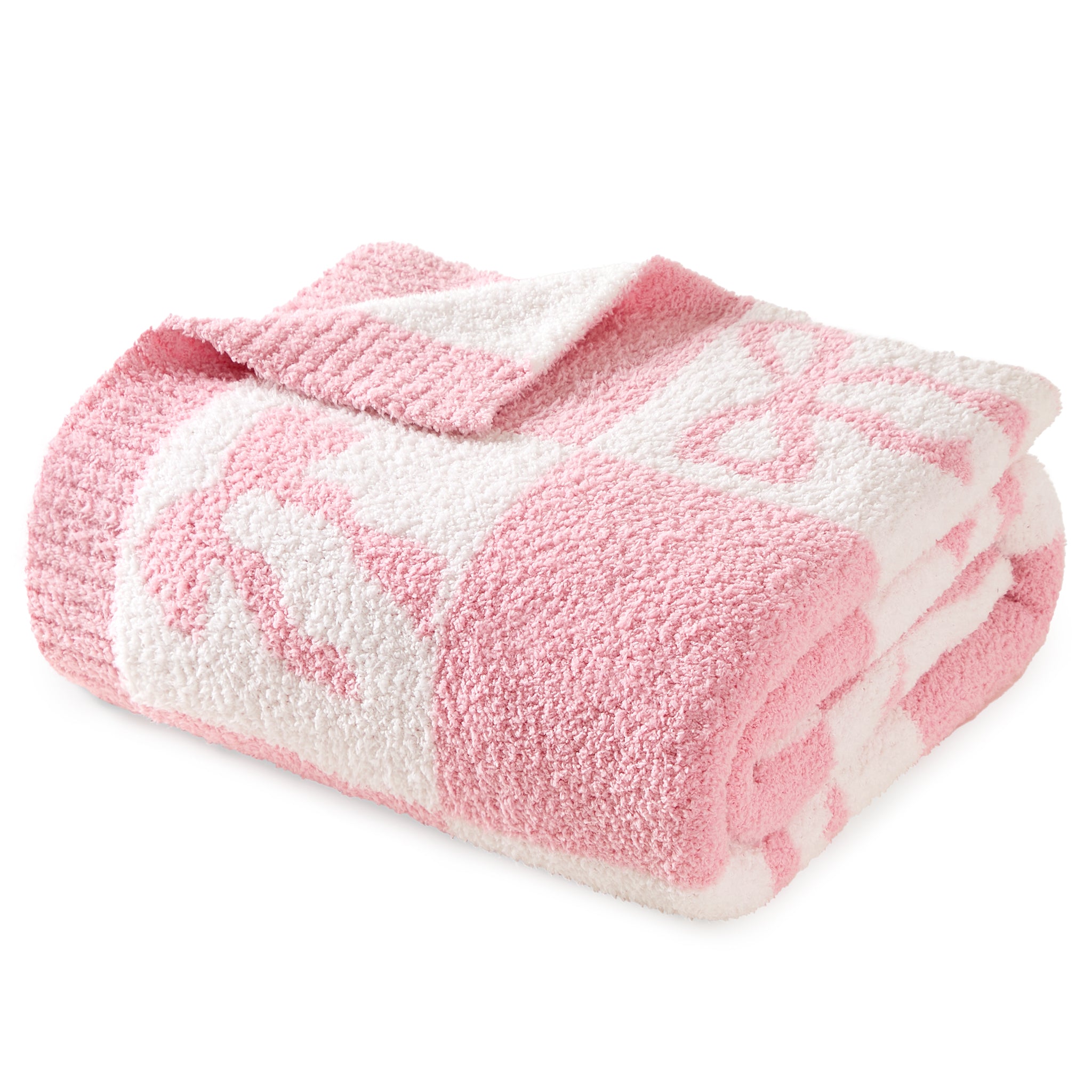 Folded Snuggle Sacs Reversible Checkered Bow Feather Yarn Knit Throw Blanket#color_Pink_Bow