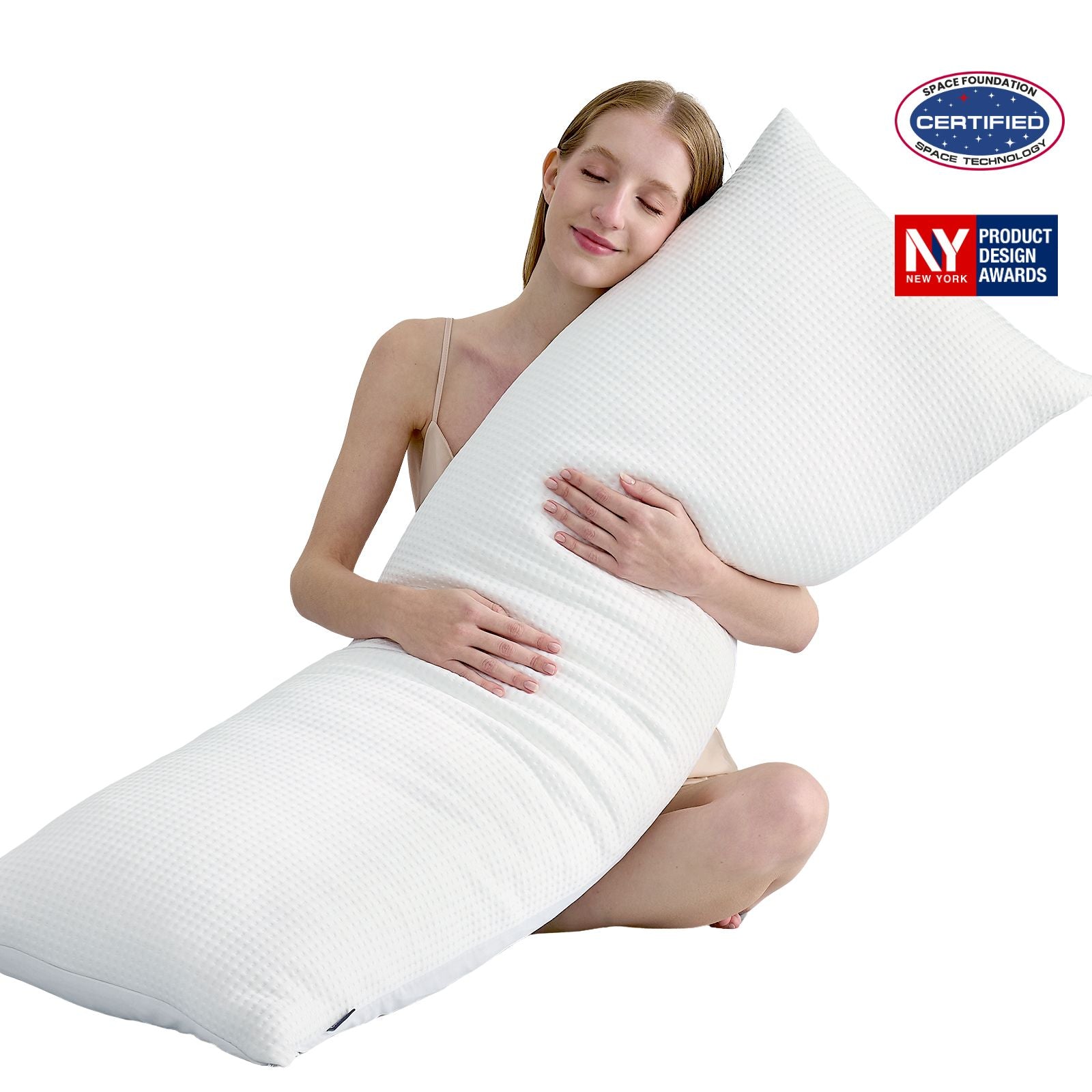 Women hugging body pillow with space station and sleep score certifications. #color_White