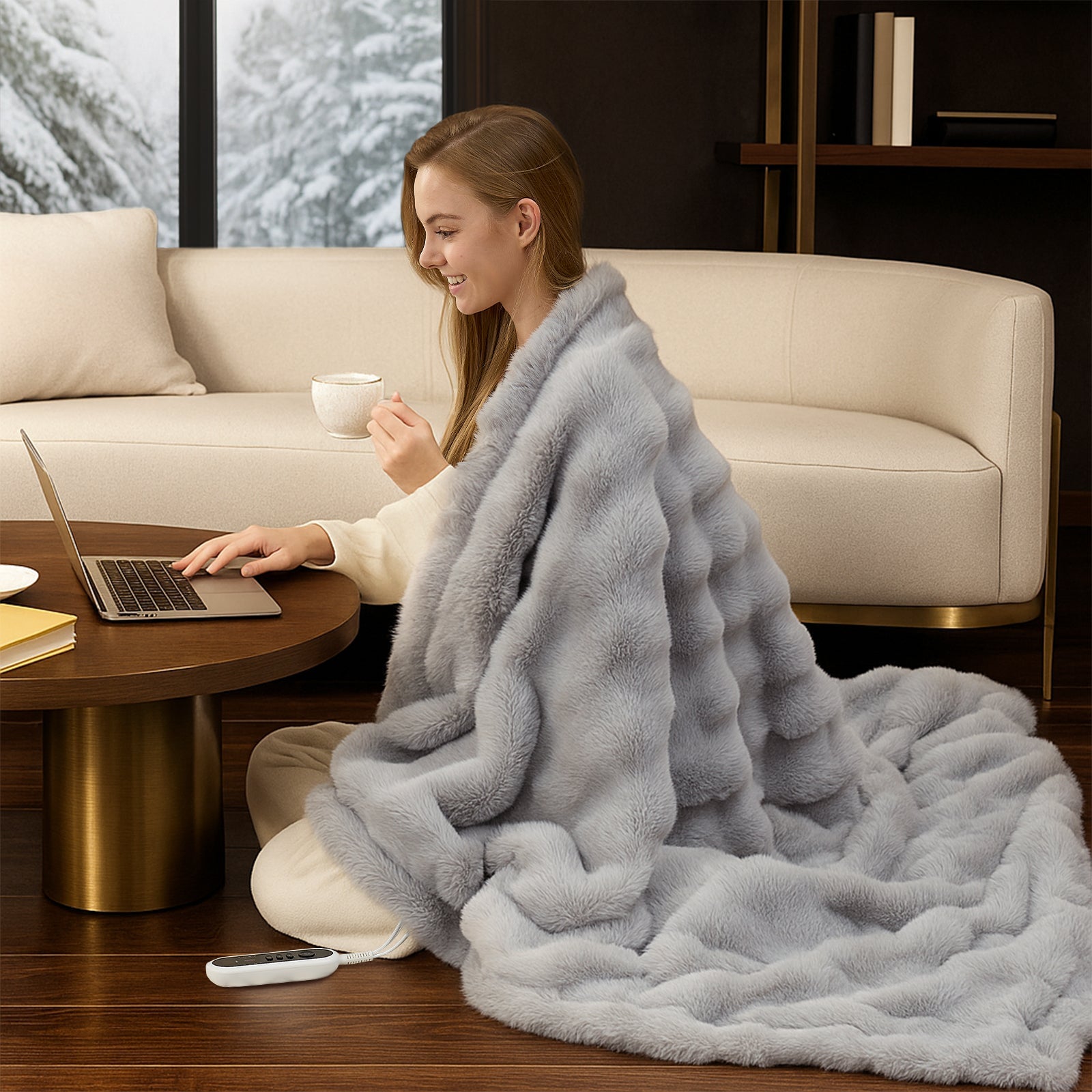Woman using a laptop with a bubble faux fur electric blanket in Light Grey, creating a warm and comfortable workspace #color_Light Grey