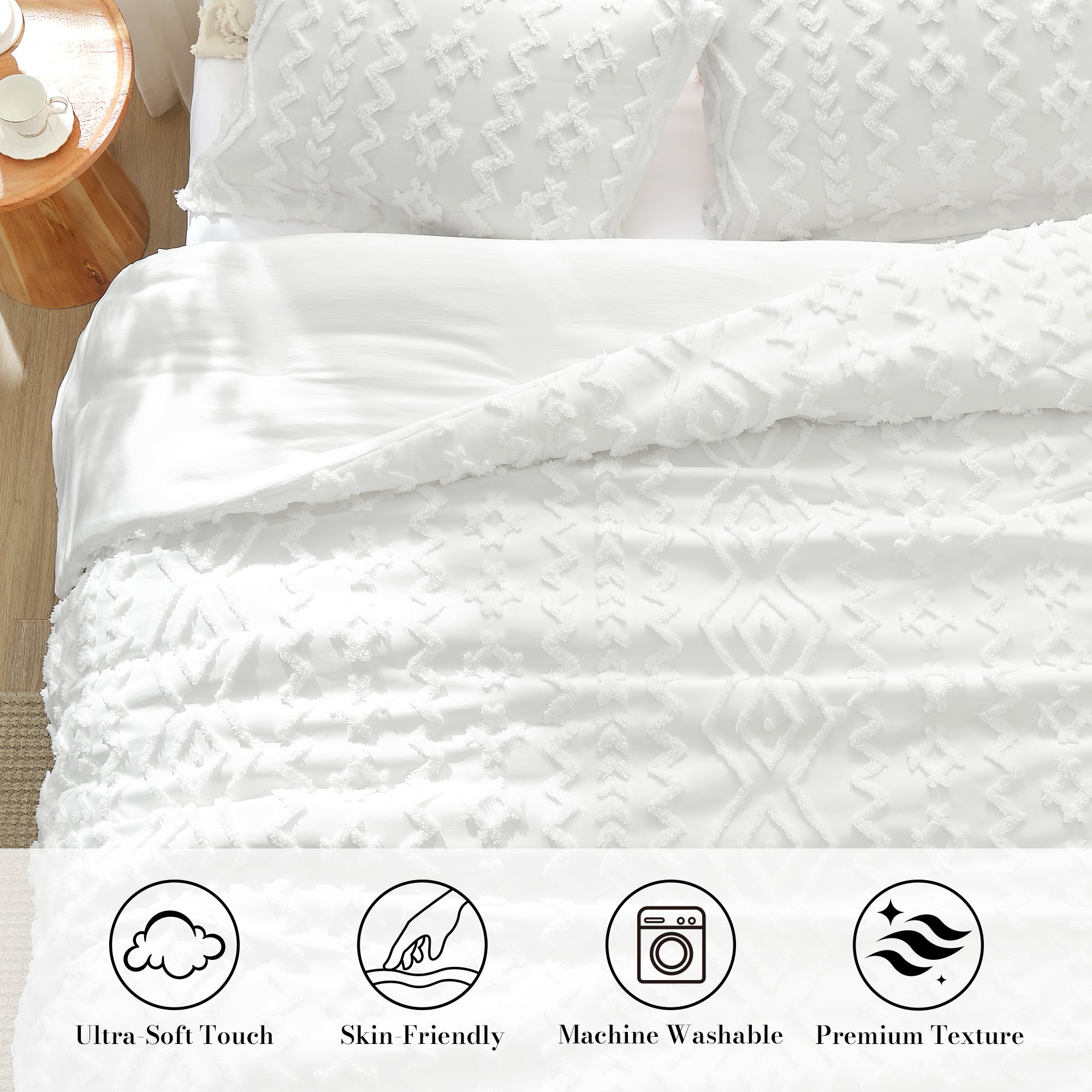 Snuggle Sac All-Season Boho Deluxe Embroidery Comforter Set  on bed in a bedroom showing Ultra-Soft touch, skin-friendly, Machine washable and premium texture#color_Off White