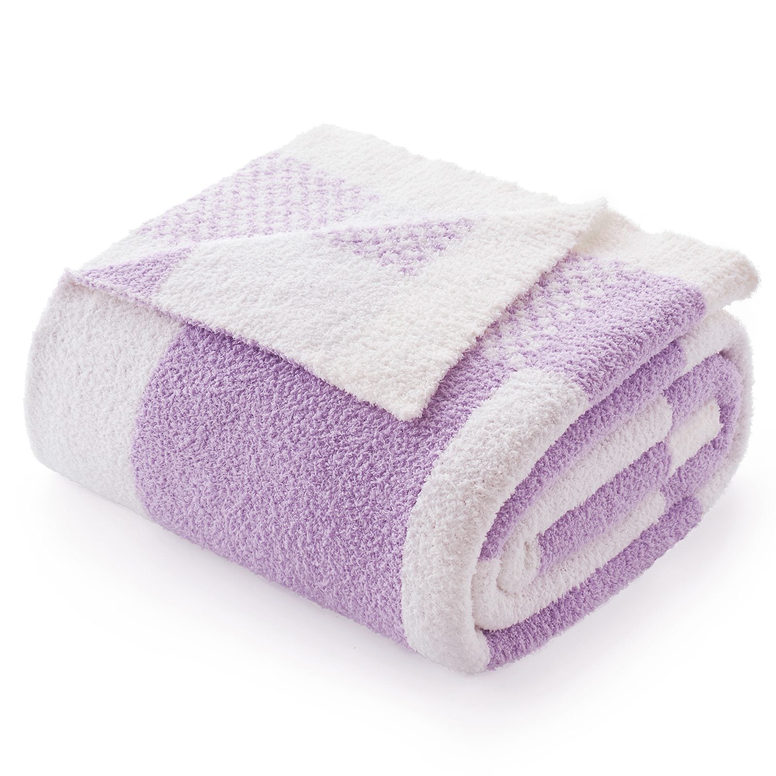 Folded Snuggle Sac Checkered Feather Yarn Knit Throw Blanket#color_Lilac