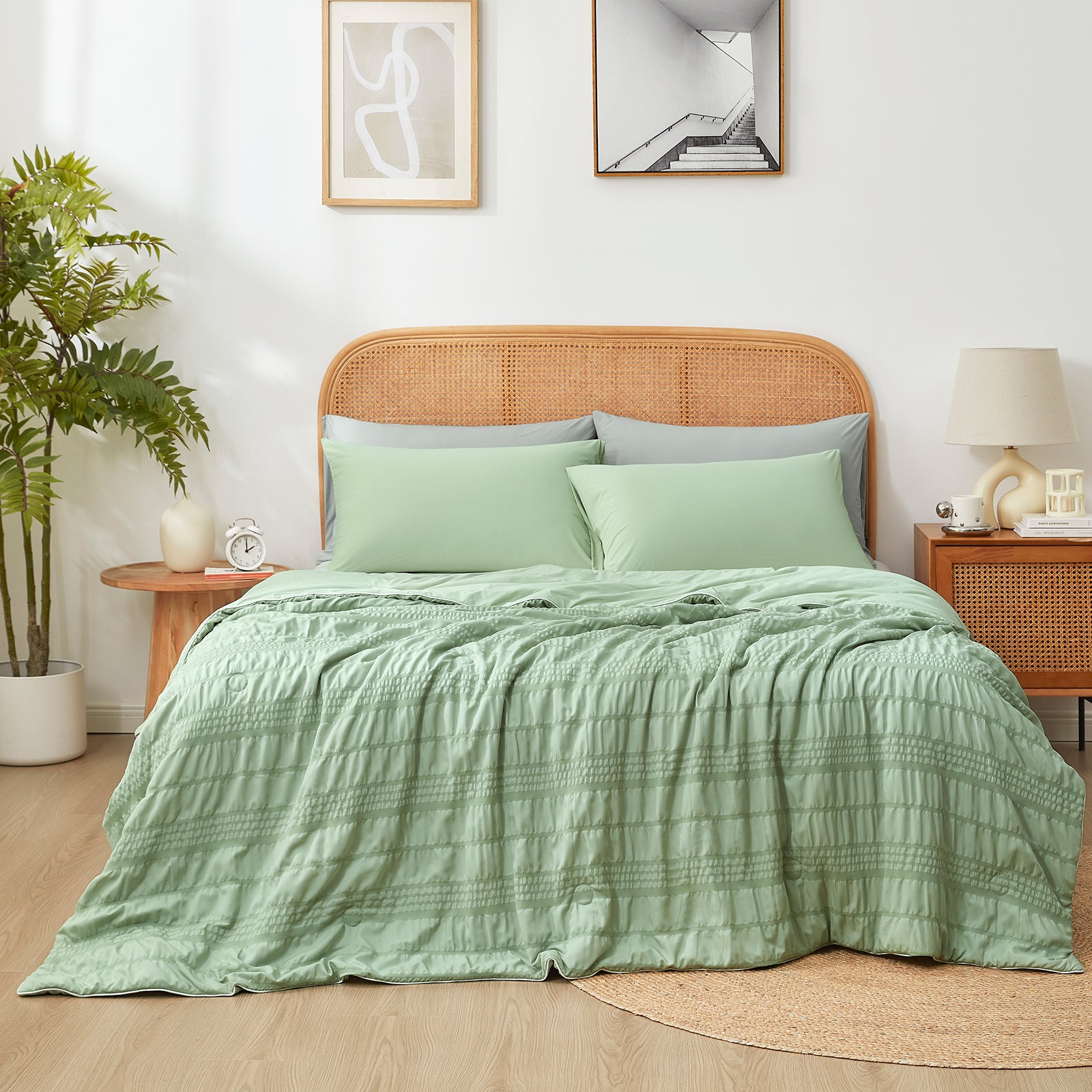 Snuggle Sac Cooling comforter in sage green on bed in a bedroom with plants#color_Sage Green