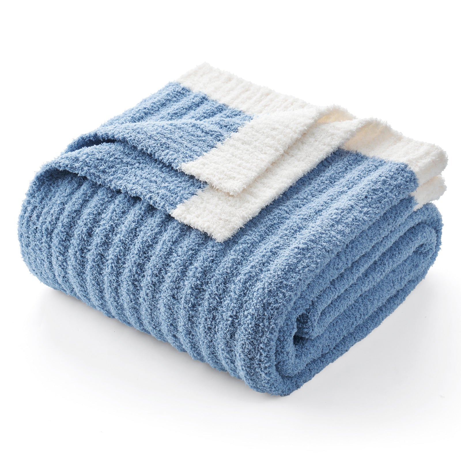 Folded Snuggle Sac UltraSoft Ribbed Feather Yarn Knit Throw Blanket#Color_Blue