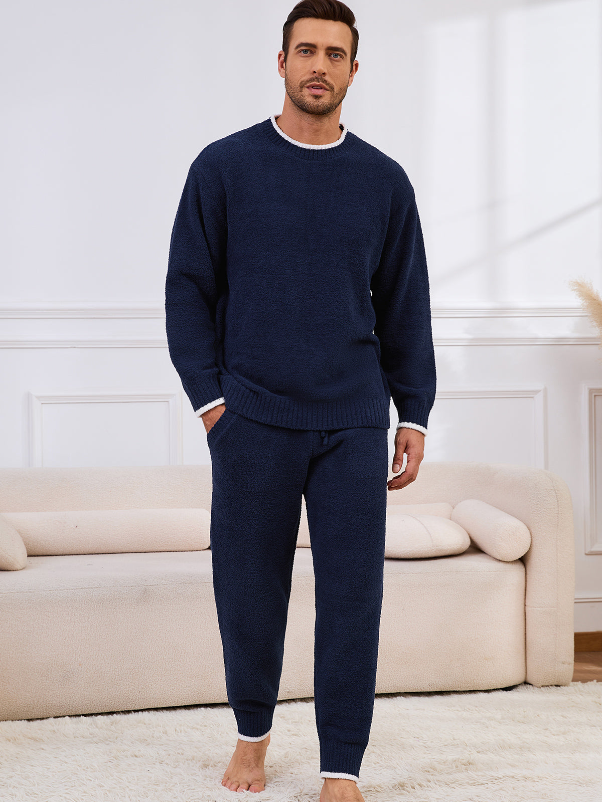 Snuggle Sac men long sleeve crewneck knit loungewear set in Navy, full body front view with a relaxed and cozy indoor style #color_Navy