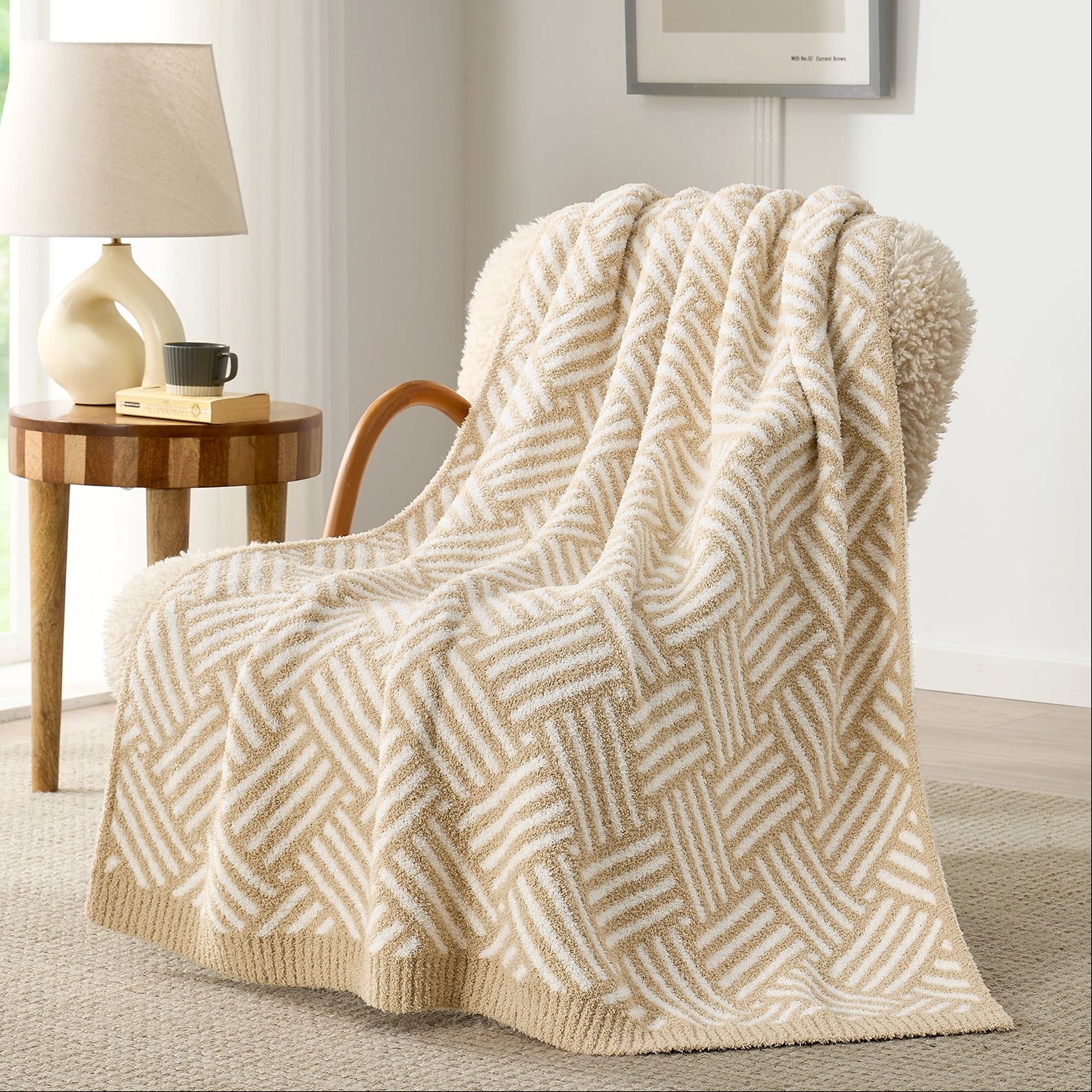 Classic Boho Feather Yarn Knit Throw Blanket on the chair with furnitures in the room#color_Beige
