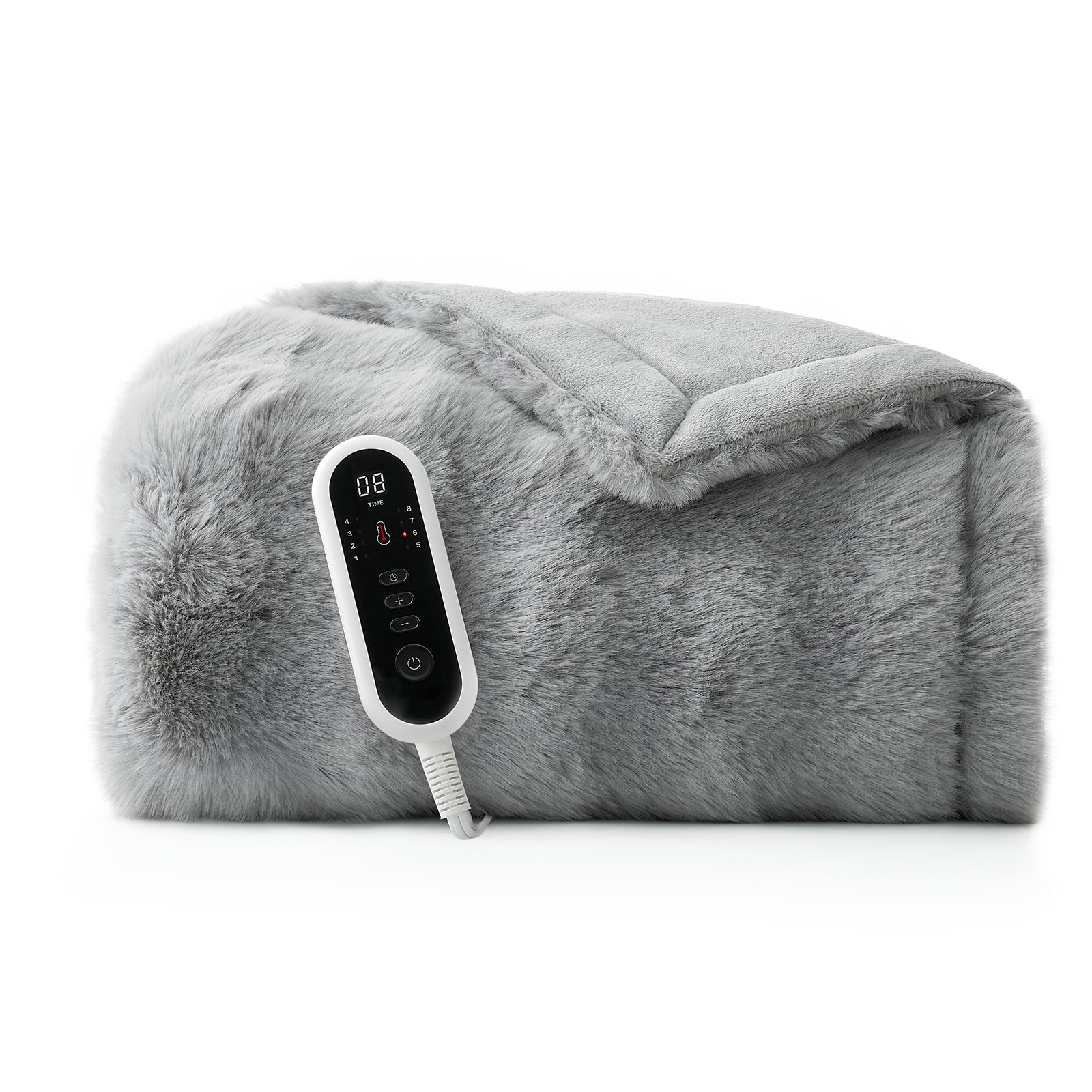 Snuggle Sac bubble faux fur electric blanket in Light Grey folded with controller front view #color_Light Grey