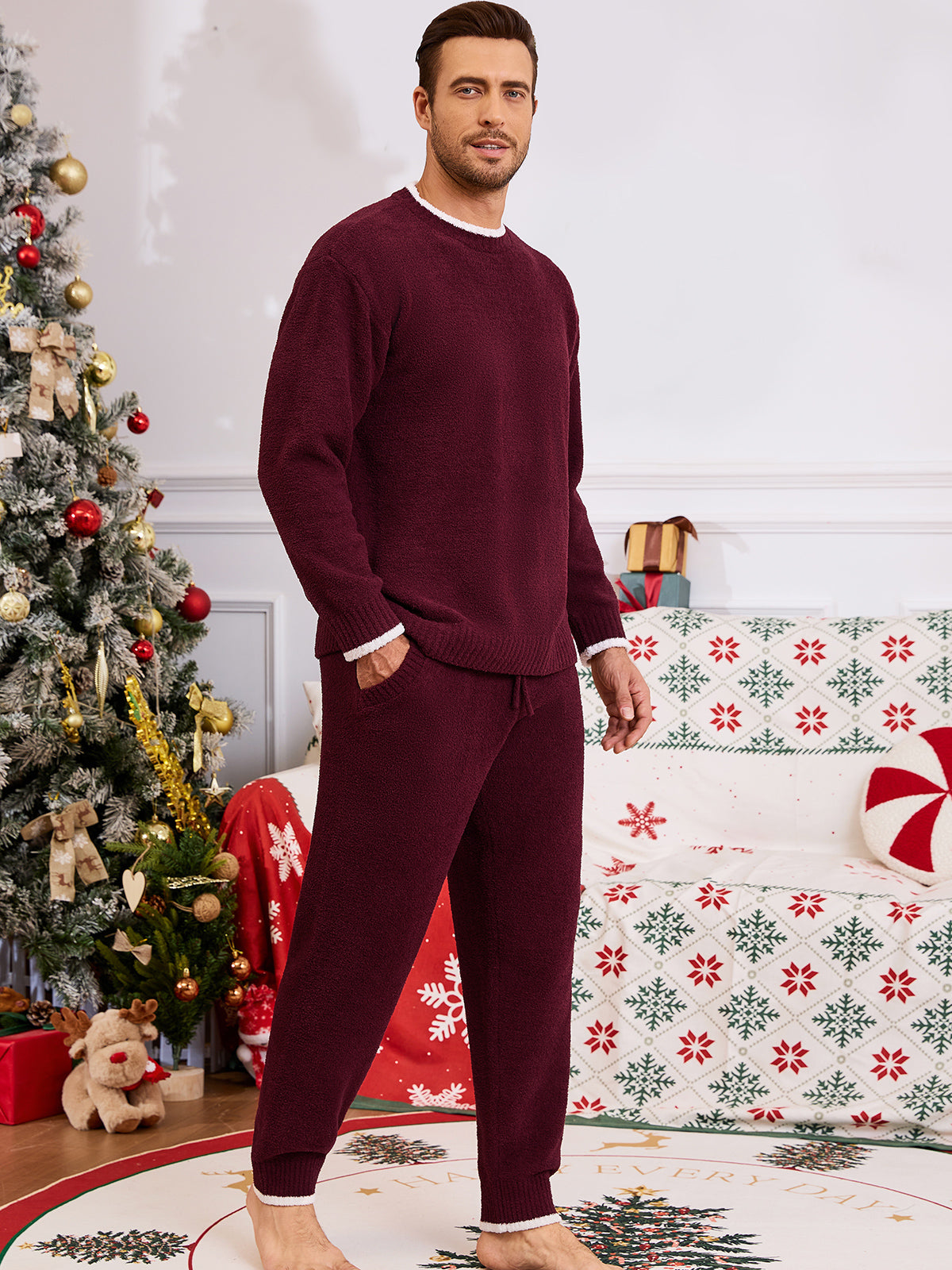 Snuggle Sac men long sleeve crewneck knit loungewear set in Christmas Red, full body front view with a relaxed and cozy indoor style #color_Christmas Red