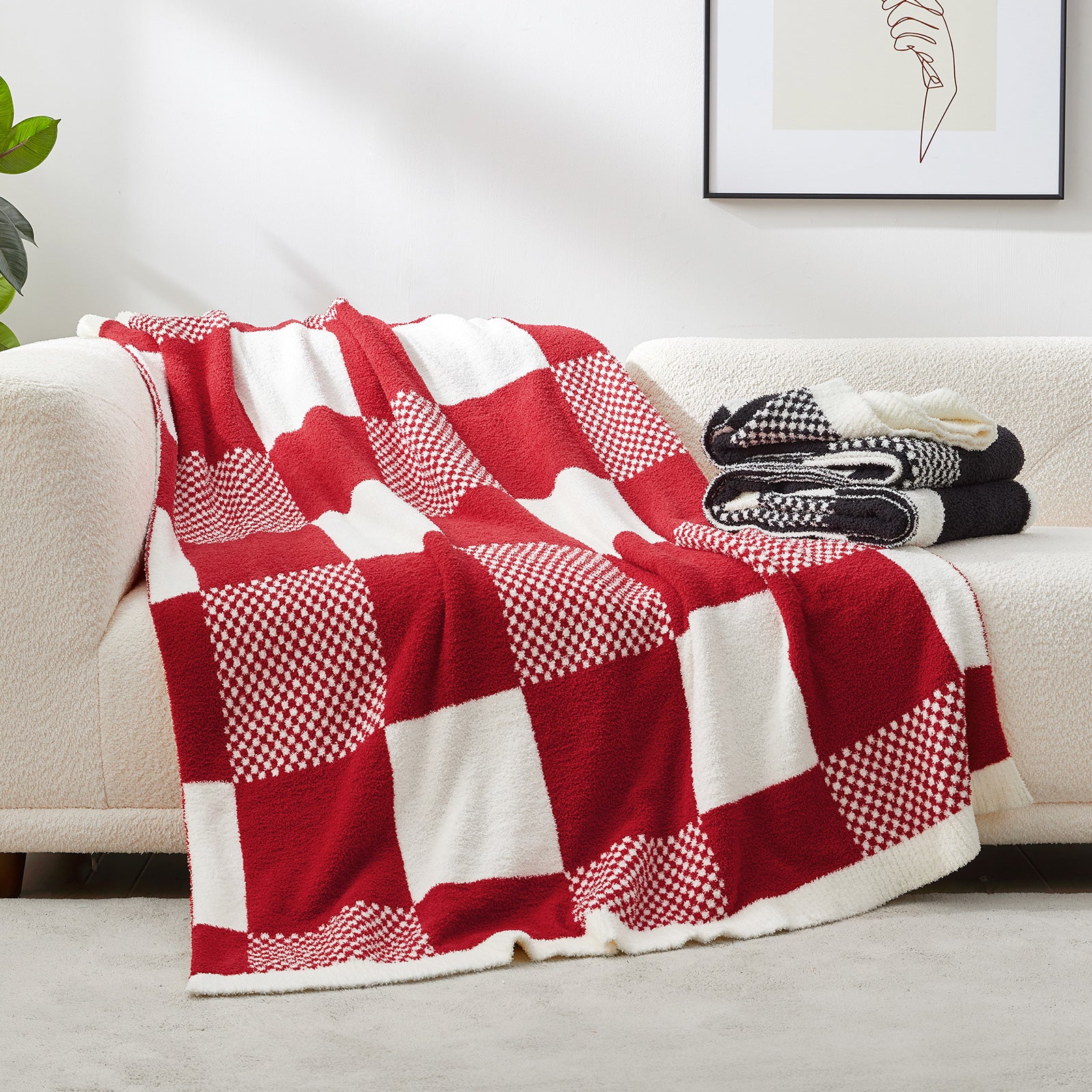 Snuggle Sacs Checkered Feather Yarn Knit Throw Blanket on the couch with furnitures behind#color_Red White