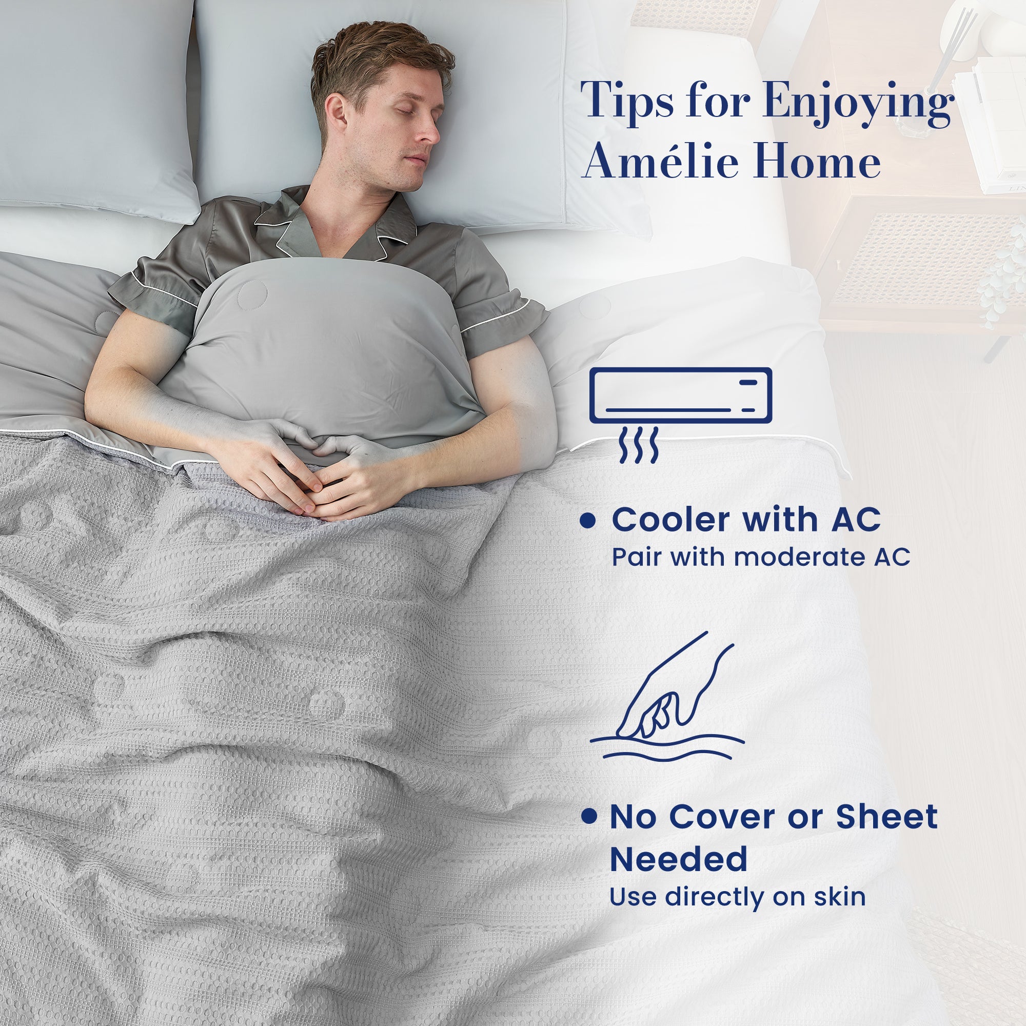 Man enjoying deeper sleep under Snuggle Sac cooling blanket with the benefits of the blanket (cooler than  AC) showing#color_Grey