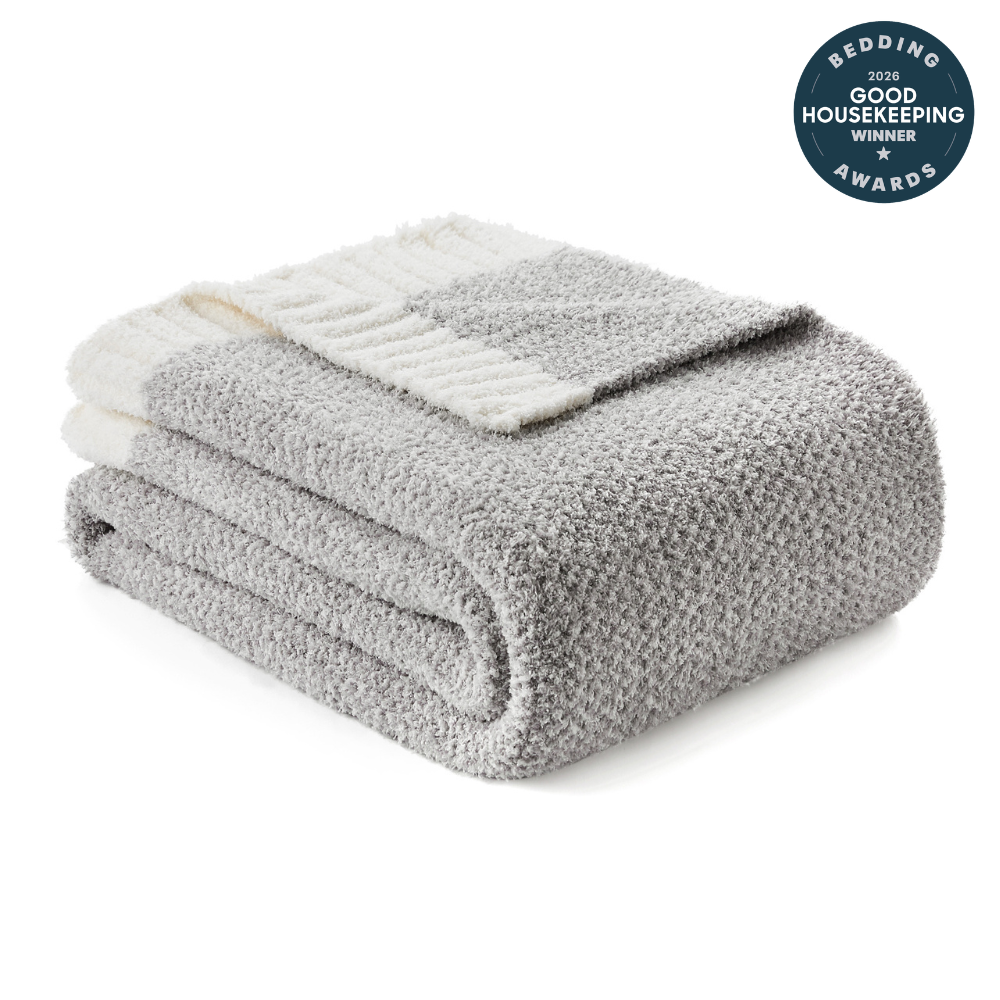 Snuggle Sac Heather Feather Yarn Grey Knit Throw Blanket front view #Color_Grey