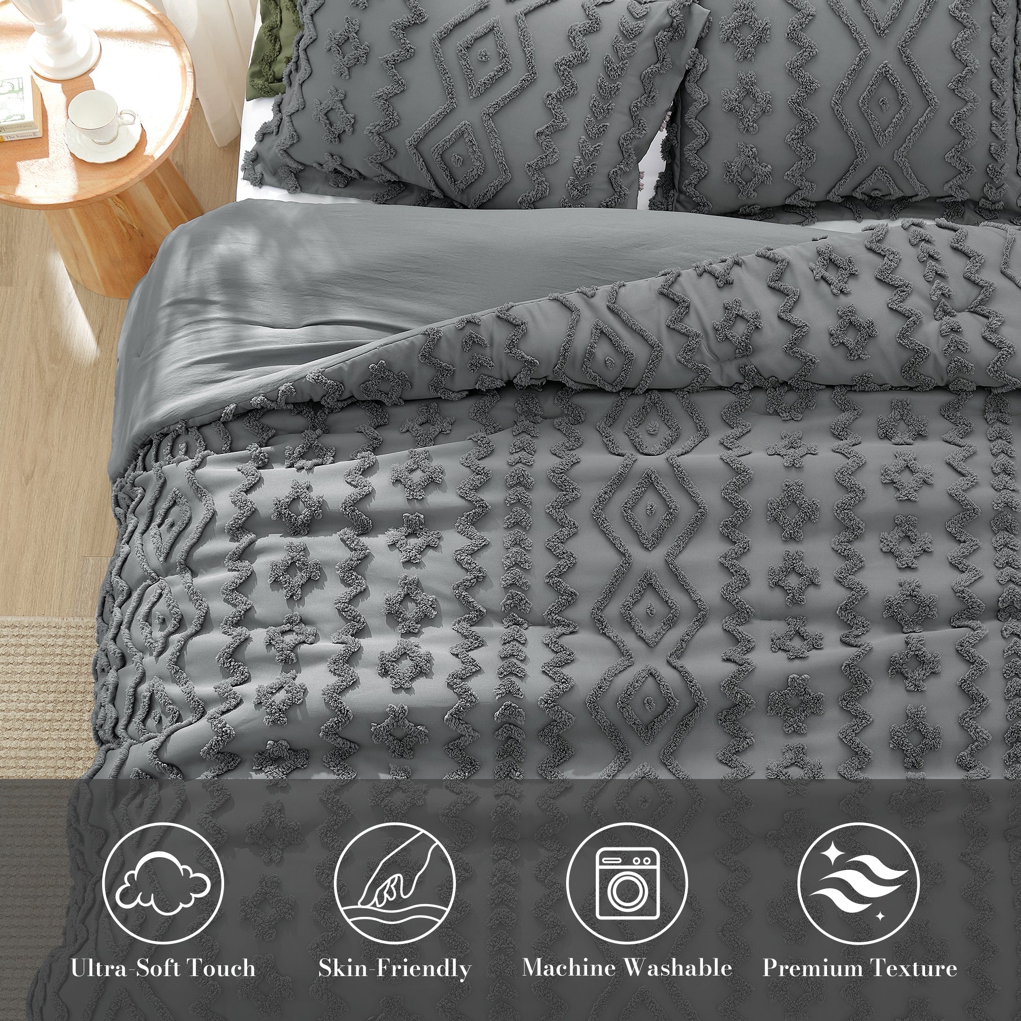 Snuggle Sac All-Season Boho Deluxe Embroidery Comforter Set  on bed in a bedroom showing Ultra-Soft touch, skin-friendly, Machine washable and premium texture#color_Dark Grey
