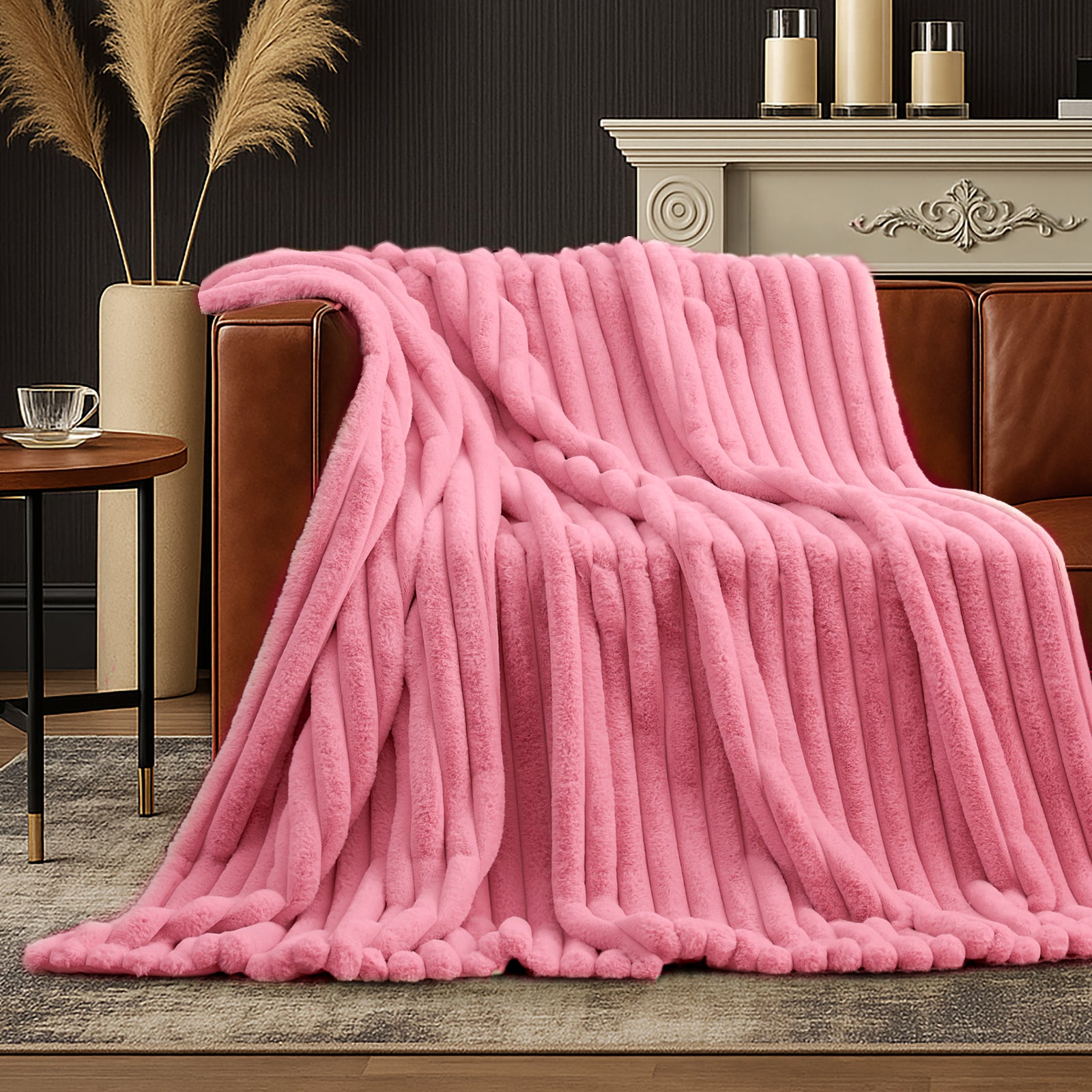 Striped faux fur throw blanket in Pink draped over a sofa, creating a clean and cozy living space #color_Pink