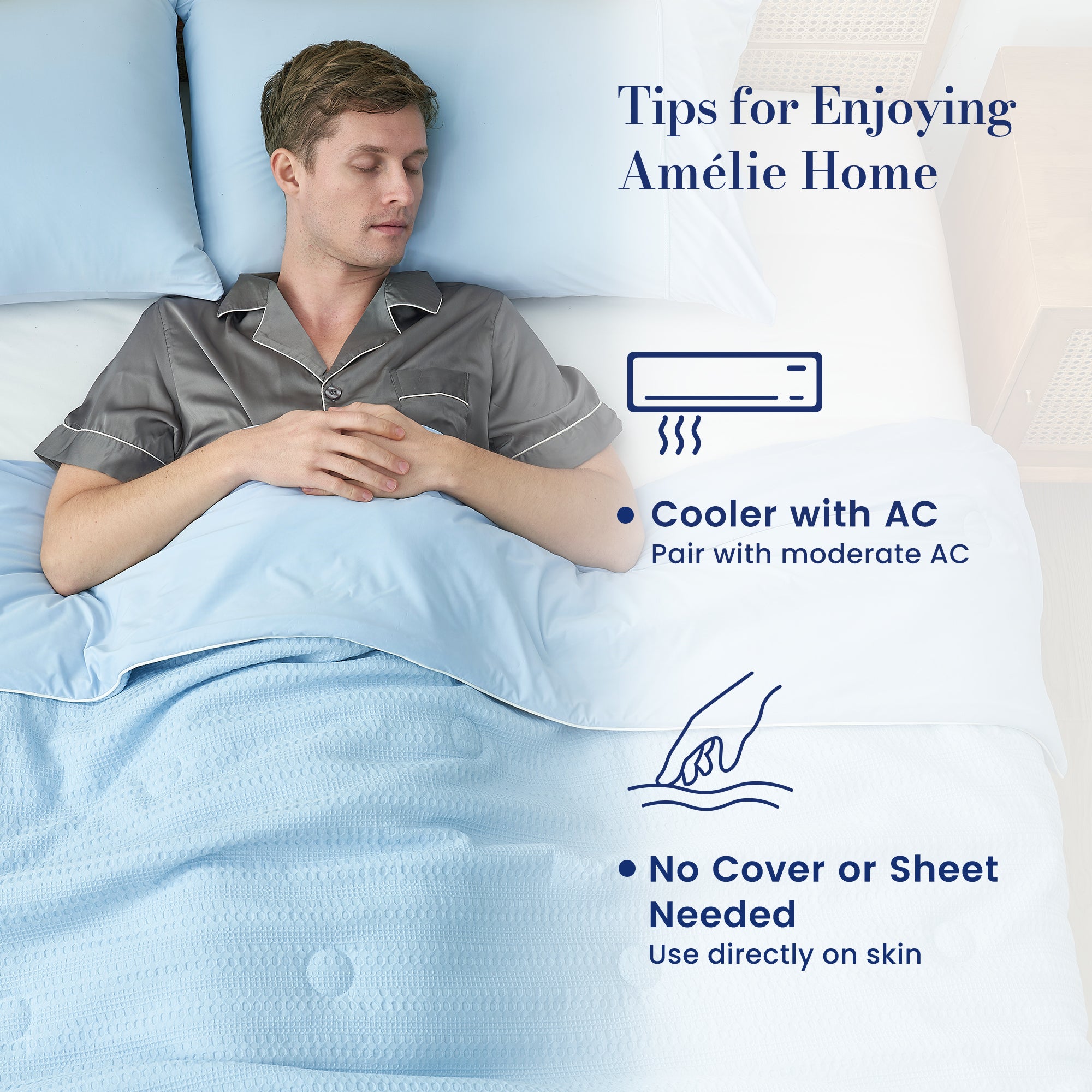 Man enjoying deeper sleep under Snuggle Sac cooling blanket with the benefits of the blanket (cooler than  AC) showing.#color_Blue