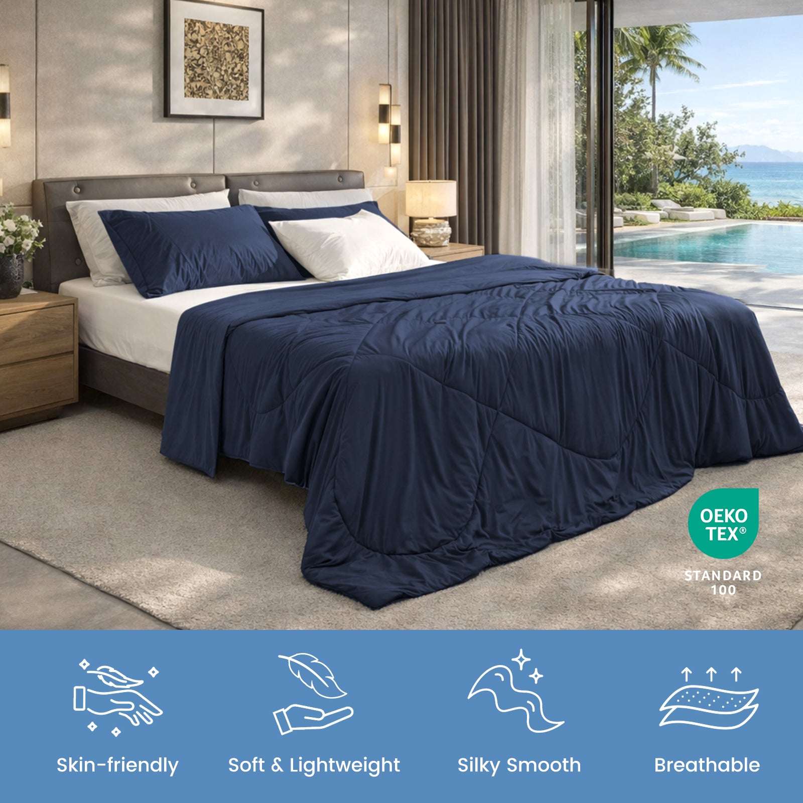 Dark blue Snuggle Sac Cloud-like extra cooling comforter on bed in luxury bedroom with ocean view, soft breathable lightweight bedding, OEKO-TEX certified#Color_Dark Blue