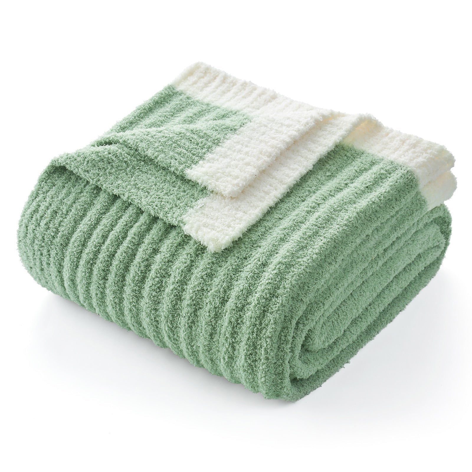 Folded Snuggle Sac UltraSoft Ribbed Feather Yarn Knit Throw Blanket#Color_Sage Green