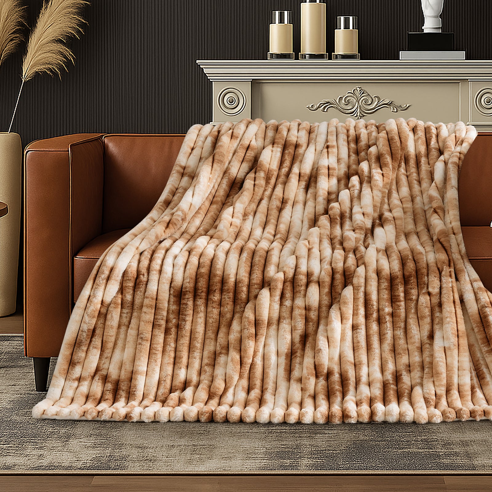 Striped faux fur throw blanket in Tie-dye Khaki draped over a sofa, creating a soft and cozy corner #color_Tie-dye Khaki