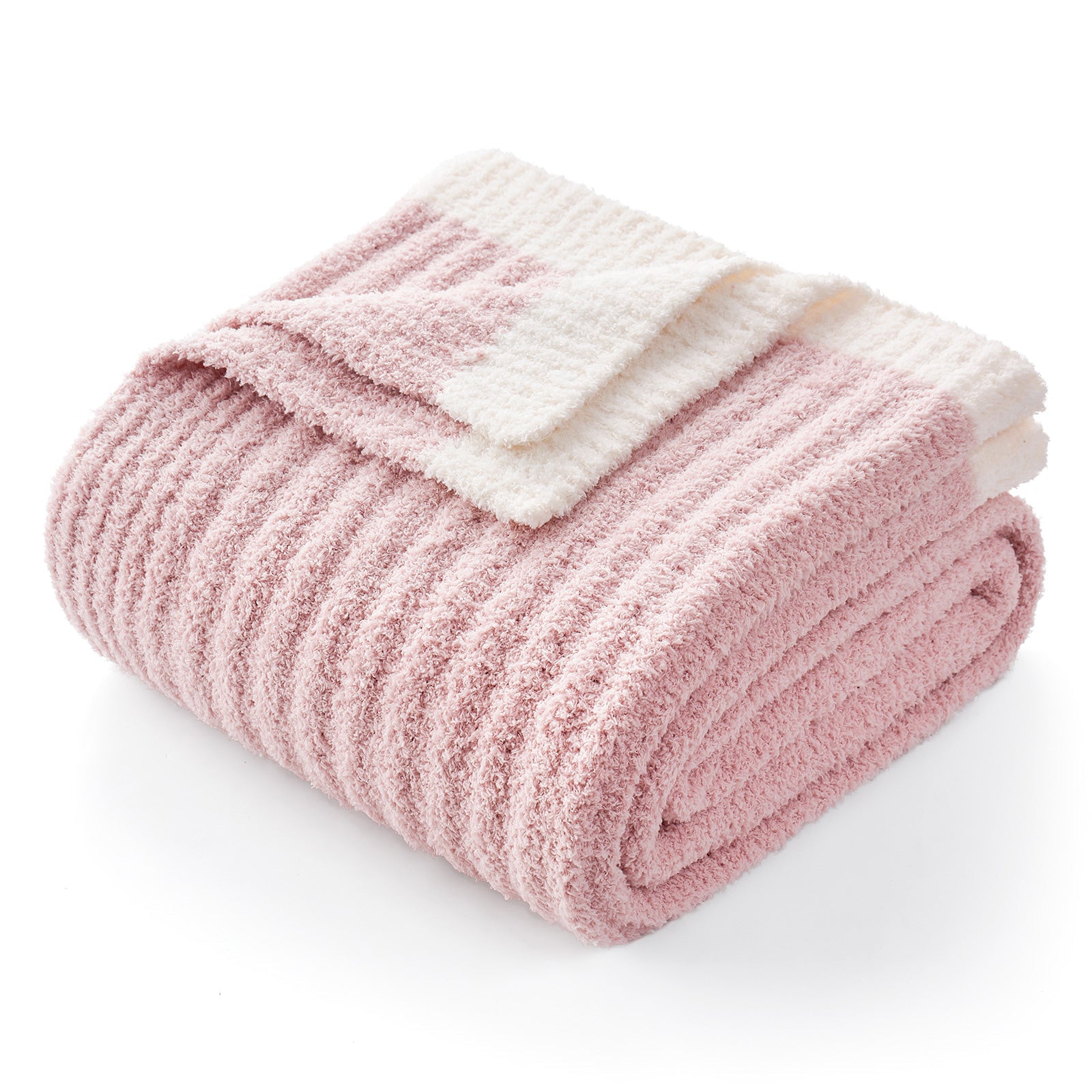 Folded Snuggle Sac UltraSoft Ribbed Feather Yarn Knit Throw Blanket#Color_Pink