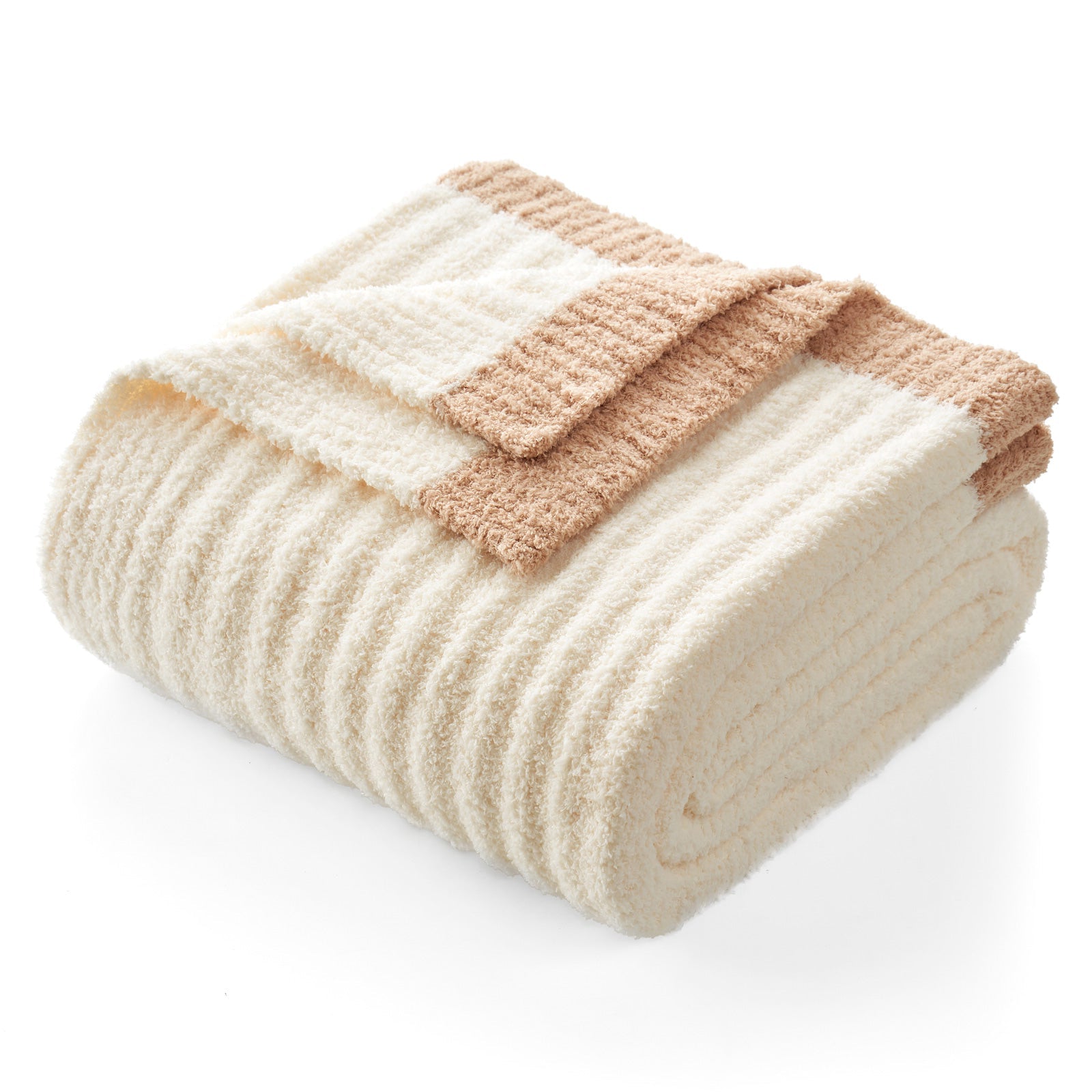 Folded Snuggle Sac UltraSoft Ribbed Feather Yarn Knit Throw Blanket#Color_Cream