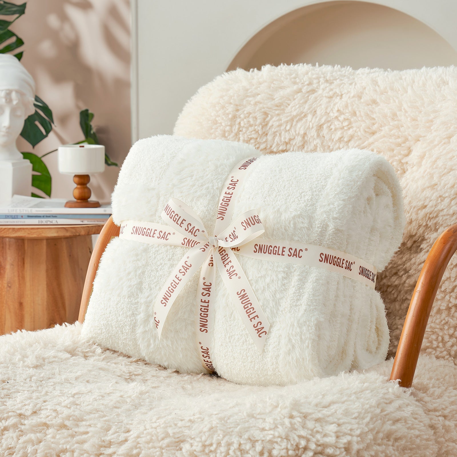 UltraCozy Solid Checkered Feather Yarn Knit Throw Blanket wrapped as a gift #Color_Solid Ivory