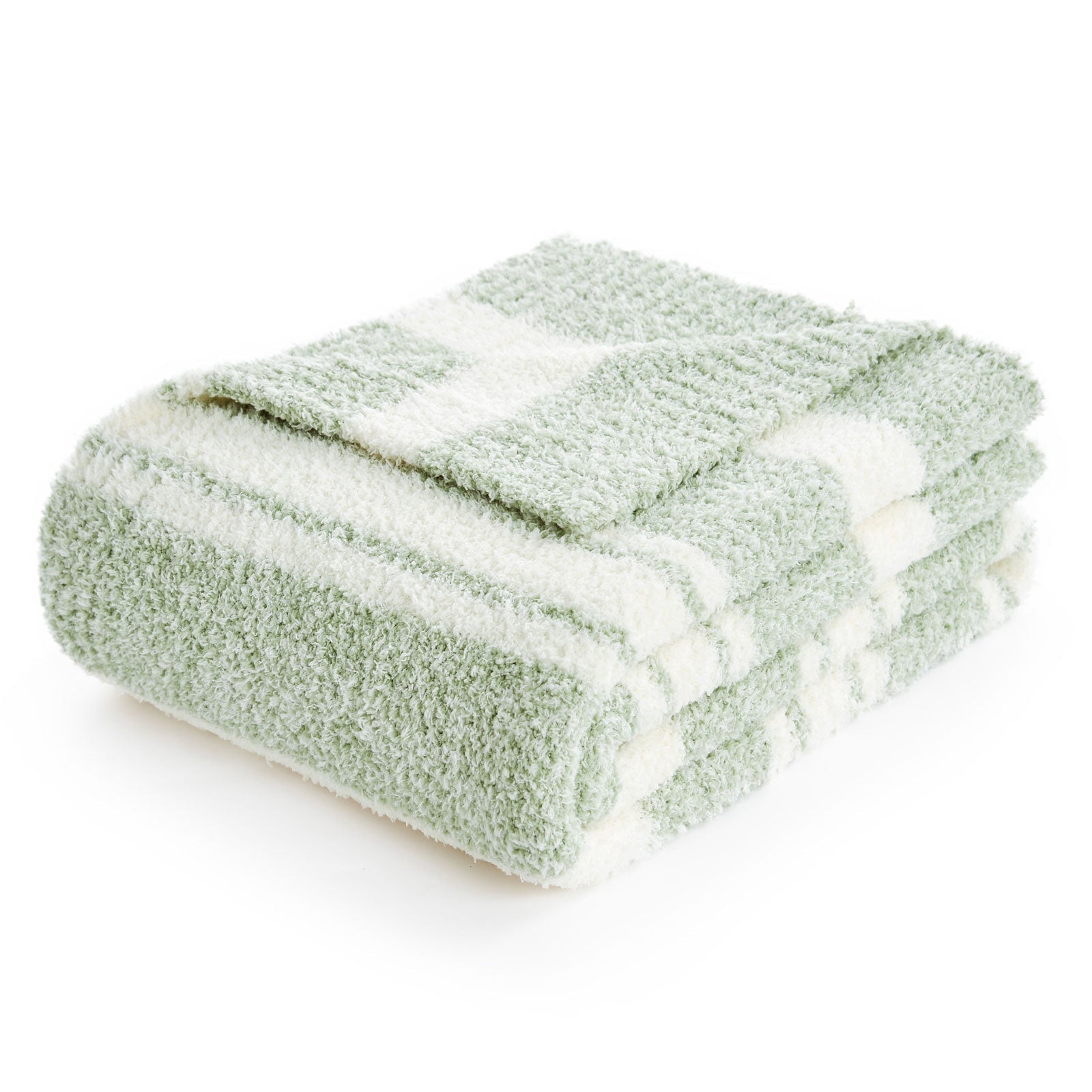 Folded Striped Feather Yarn Knit Throw Blanket#Color_Sage Green