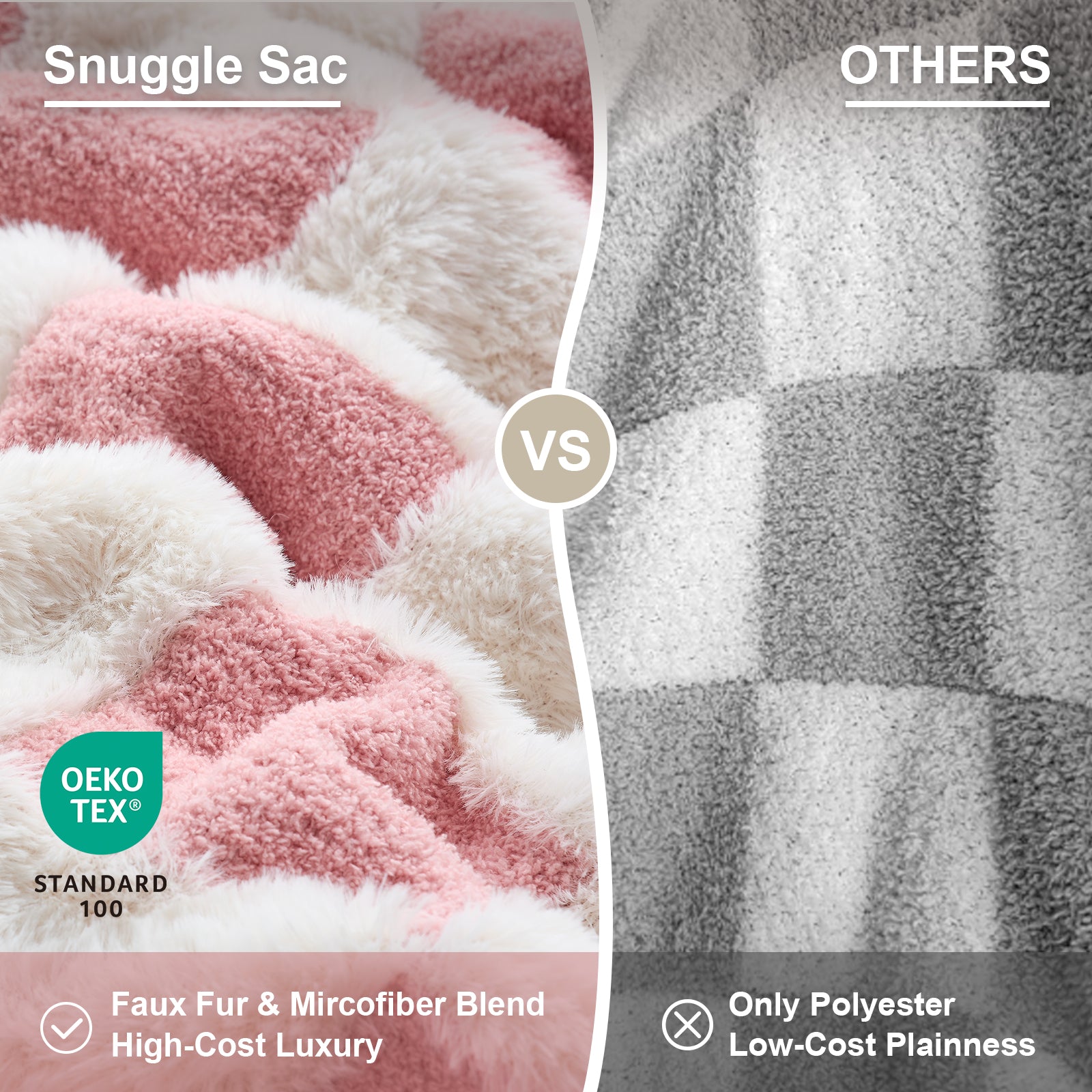 Close up of UltraCozy Checkered Feather Yarn Knit Throw Blanket with OEKO-TEX Certificate compared to other blankets#Color_Pink White