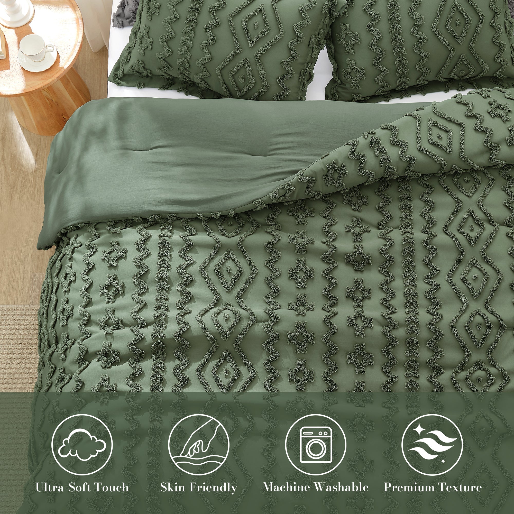 Snuggle Sac All-Season Boho Deluxe Embroidery Comforter Set  on bed in a bedroom showing Ultra-Soft touch, skin-friendly, Machine washable and premium texture#color_Oliver Green