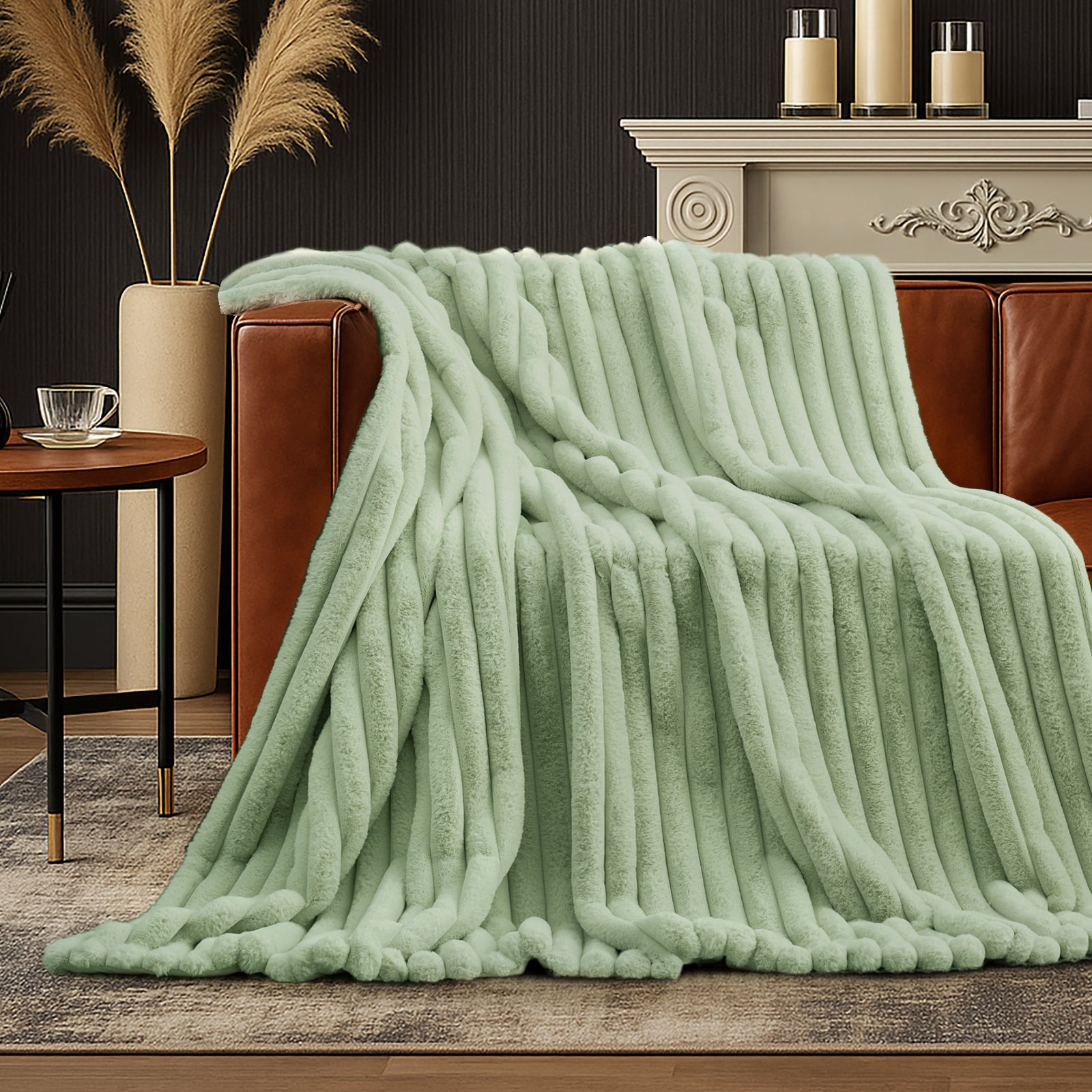 Striped faux fur throw blanket in Sage Green draped over a sofa, creating a clean and cozy living space #color_Sage Green