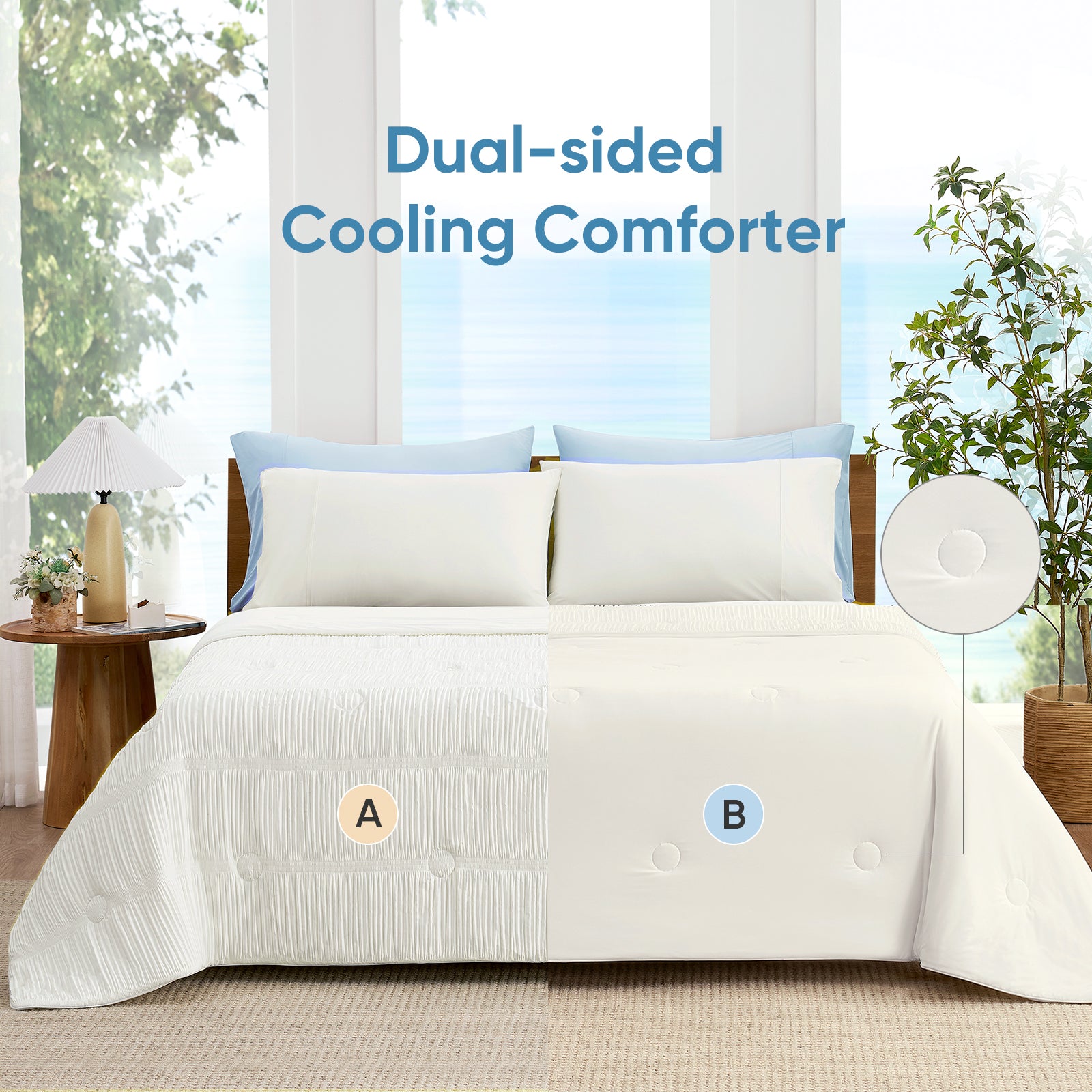 Snuggle Sac Cooling comforter with double design in white on bed in a bedroom with plants#color_White