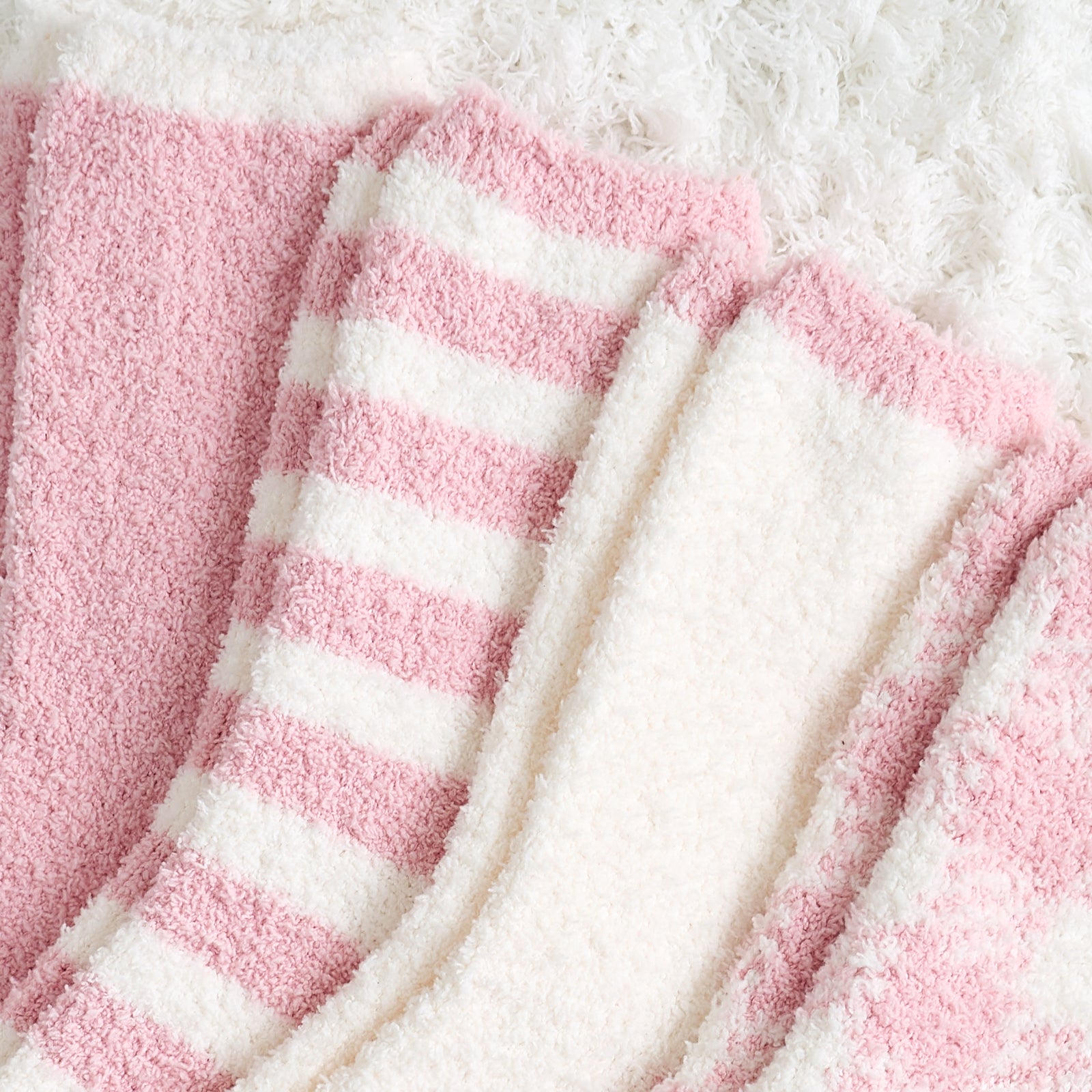 Close up of women checkered and striped socks 4 pairs in Pink, highlighting striped and checkered plush design #color_Pink