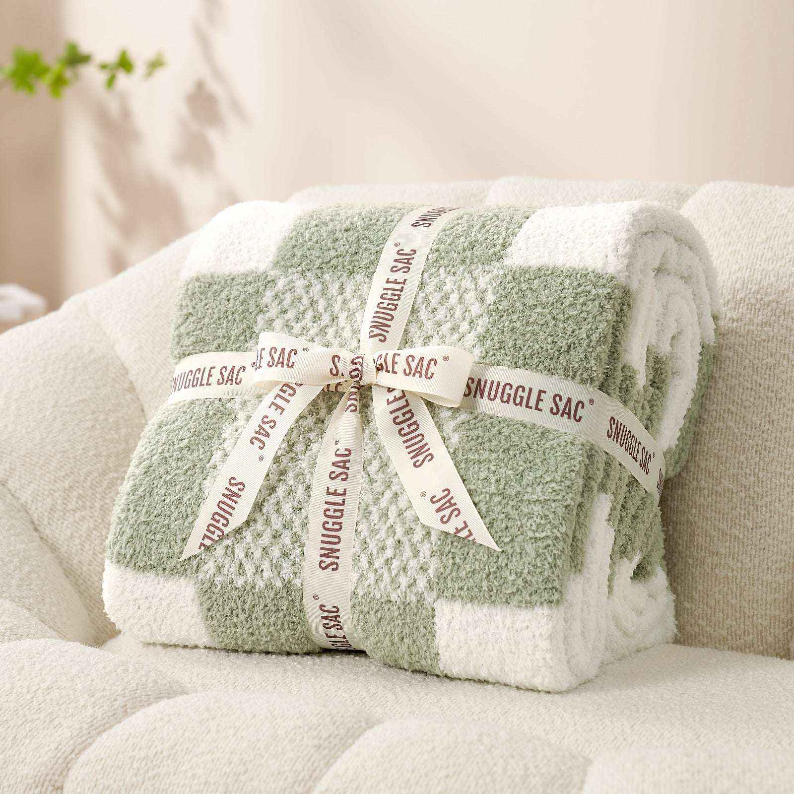 Snuggle Sac Checkered Feather Yarn Knit Throw Blanket, wrapped with the ribbon as a perfect gift#Color_Sage Green