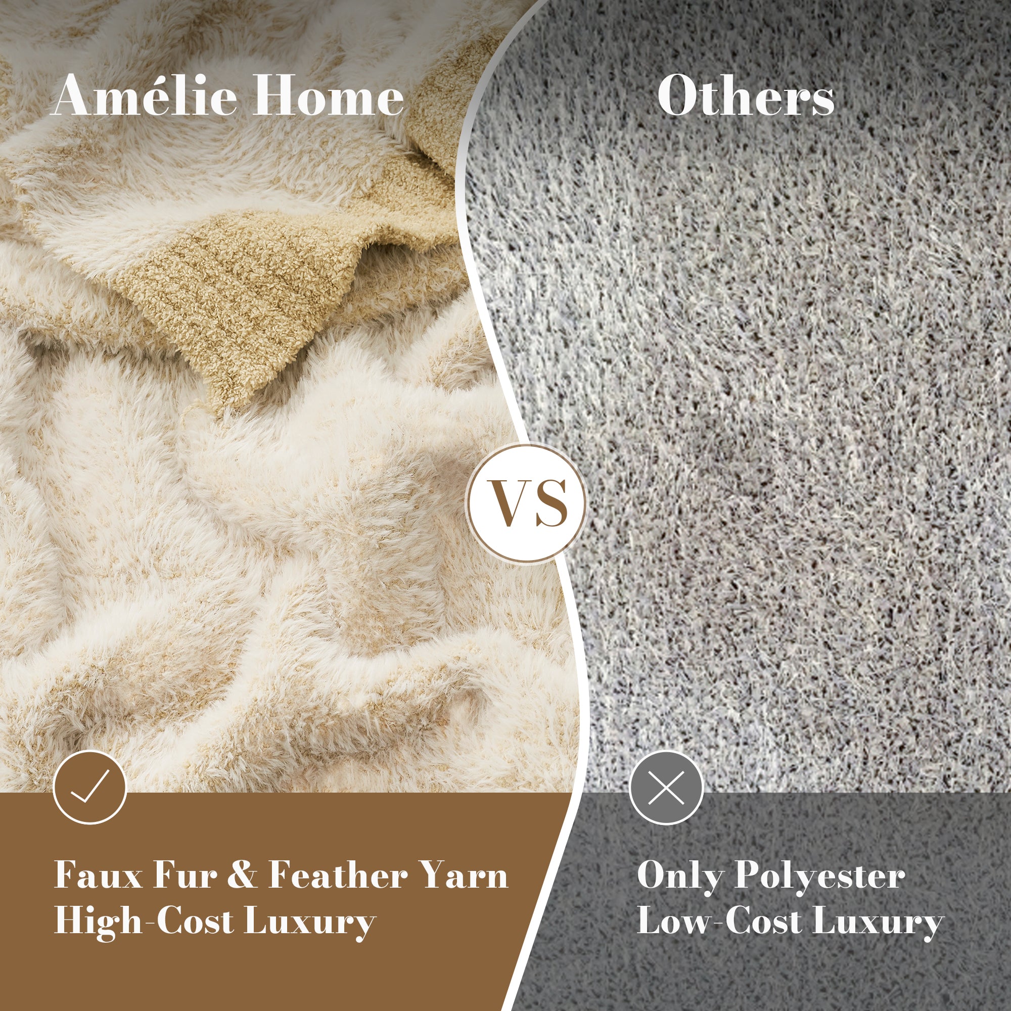 Ultrasoft faux fur knit throw blanket in Beige compared with standard polyester fabric, highlighting plush texture and luxury feel #color_Beige
