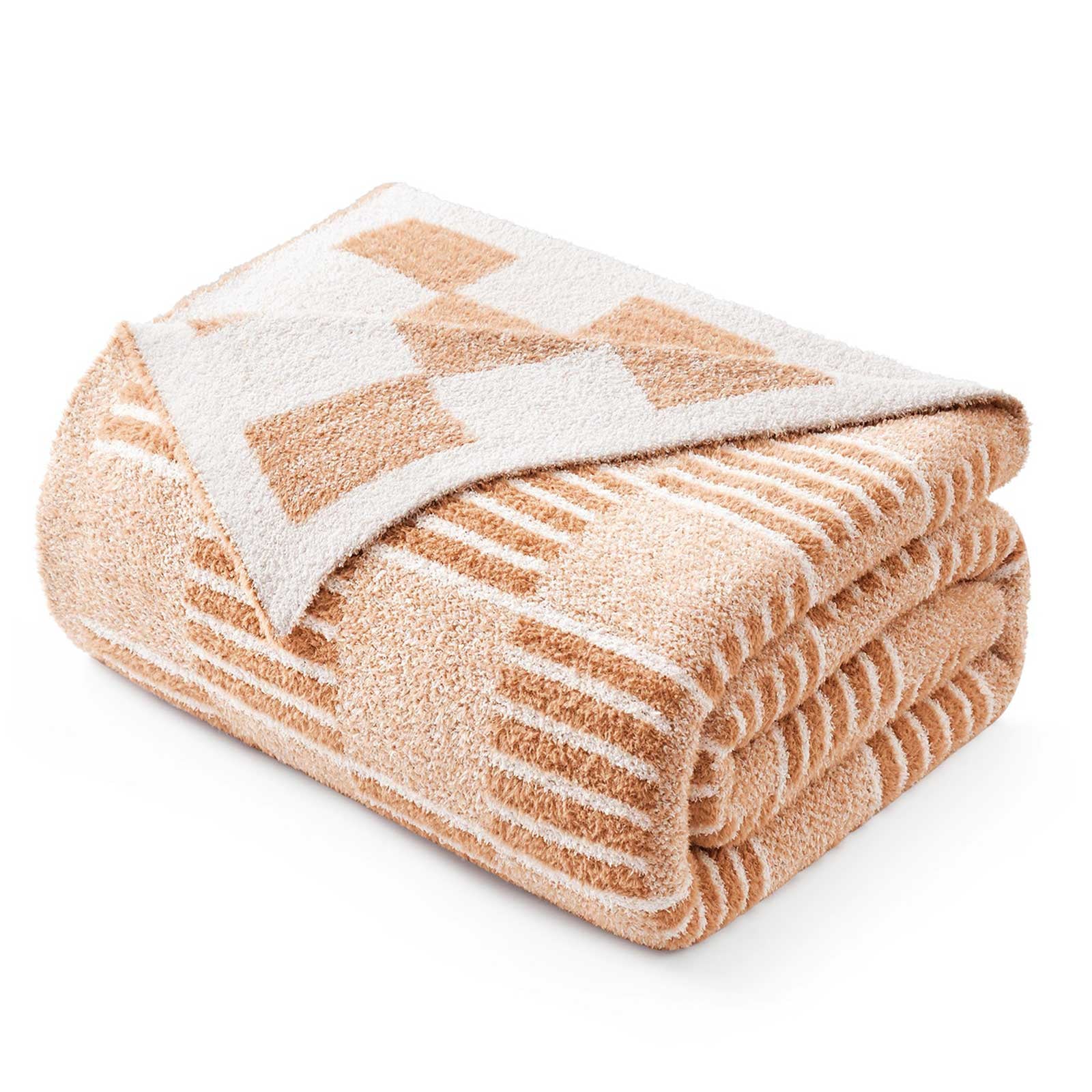 Folded Snuggle Sacs Reversible Heather Checkered Feather Yarn Knit Throw Blanket#Color_Heather Beige