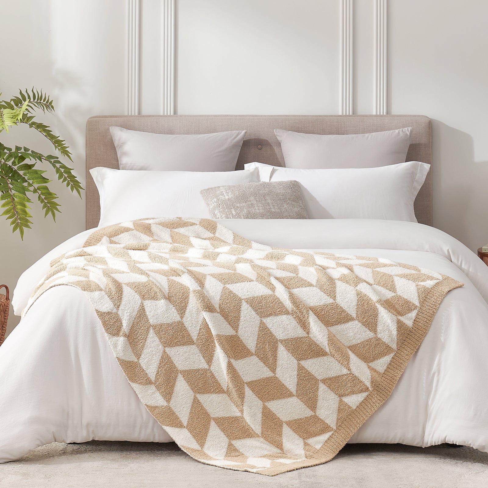 Snuggle Sacs Chevron Feather Yarn Knit Throw Blanket on the bed #color_Beige