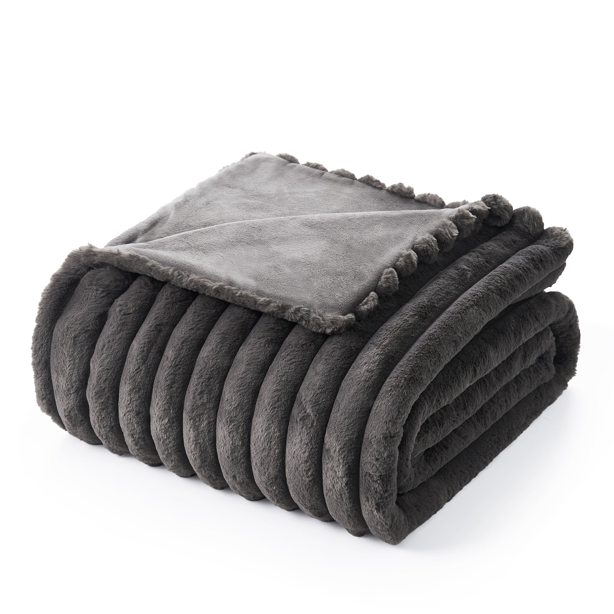 Snuggle Sac striped faux fur throw blanket in Charcoal Grey folded front view #color_Charcoal Grey
