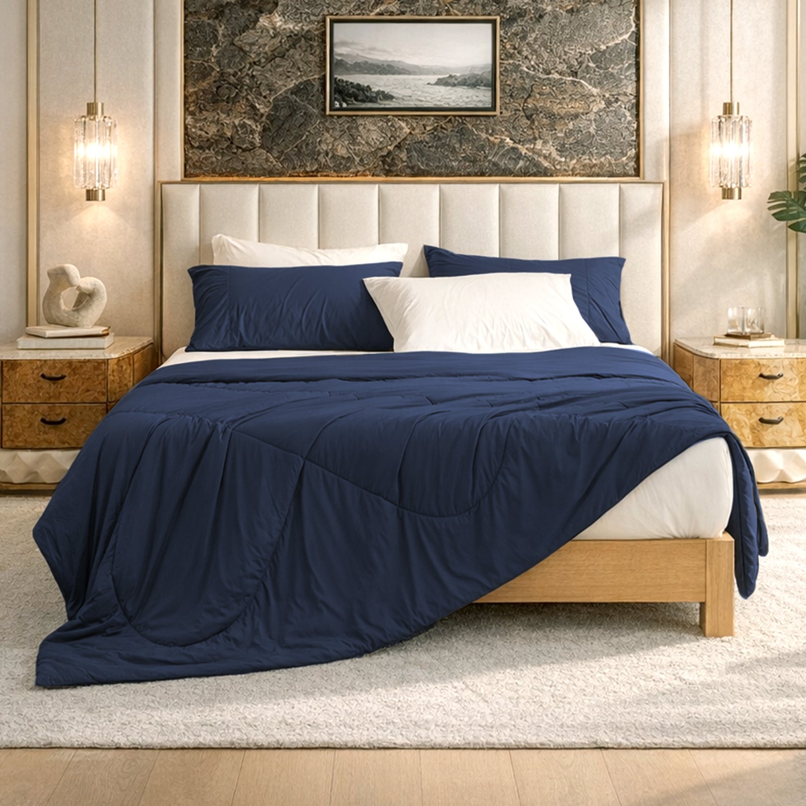 Snuggle Sac Dark Blue Cloud-like extra cooling comforter on bed in cozy bedroom.#Color_Dark Blue