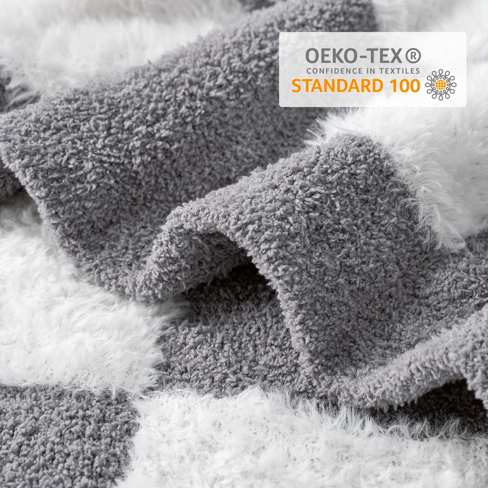 Close up of UltraCozy Checkered Feather Yarn Knit Throw Blanket with OEKO-TEX Certificate#Color_Grey White