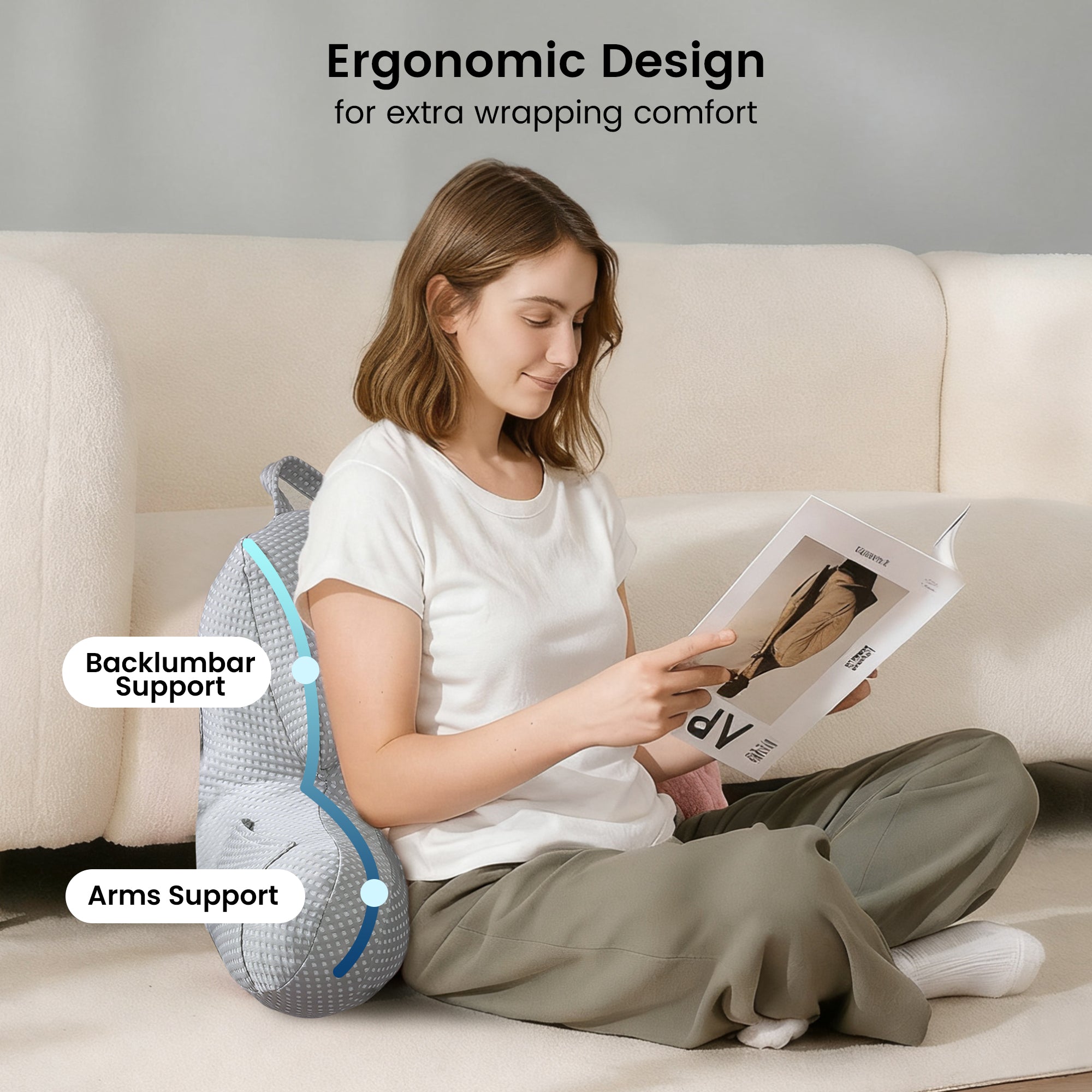 Snuggle Sac Backrest pillow featuring ergonomic support for back and arm when reading.#Color_Grey