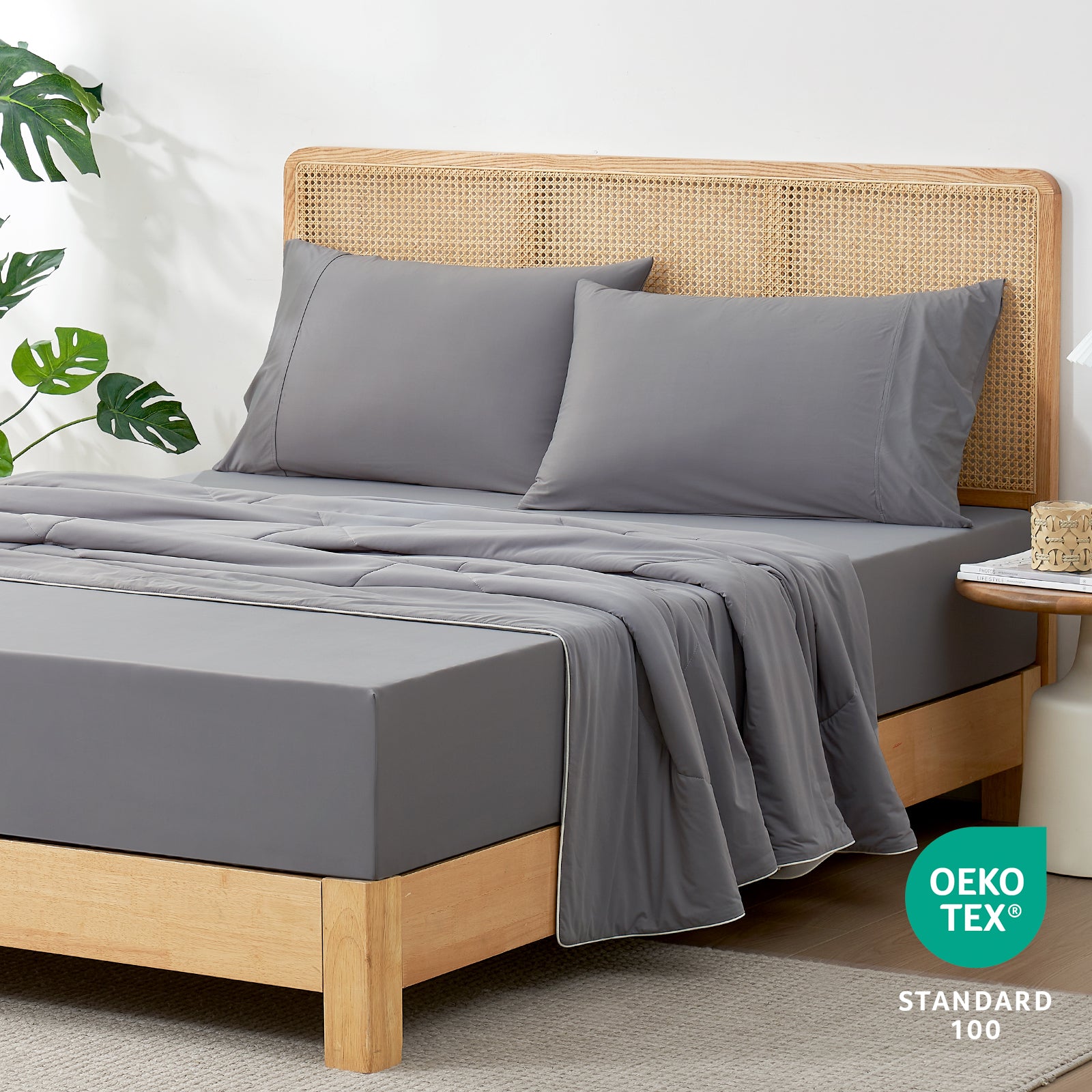 45-degree bedroom view with OEKO-TEX certified fitted sheet.#color_Dark Grey
