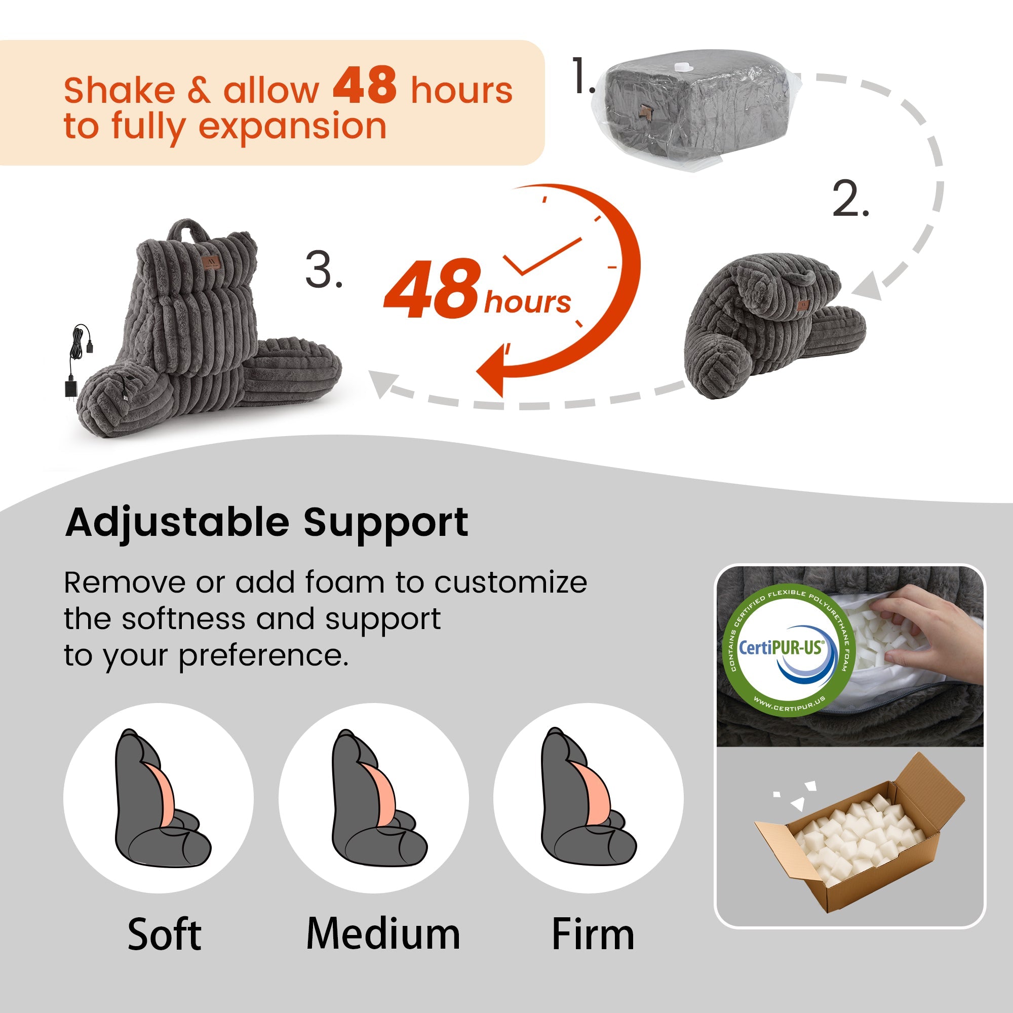 Instructions showing Snuggle Sac Heated Faux Fur Backrest Reading Pillow in Grey featuring the pillow can be adjustable according to preferences#color_Grey