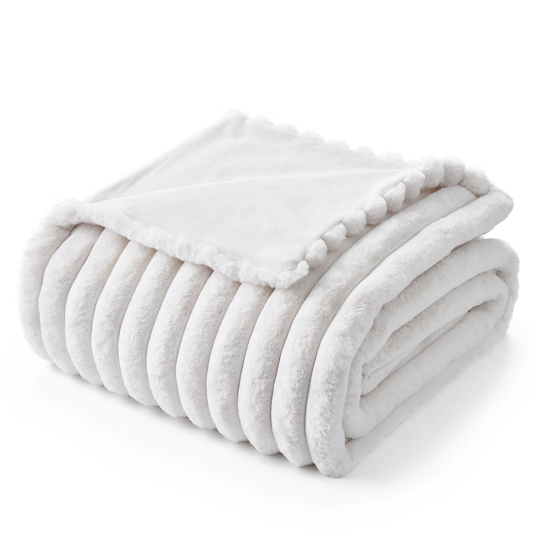 Snuggle Sac striped faux fur throw blanket in Ivory folded front view #color_Ivory