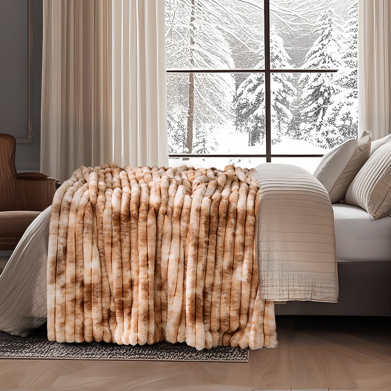 Striped faux fur throw blanket in Tie-dye Khaki layered on a bed, creating a warm and inviting bedroom look #color_Tie-dye Khaki