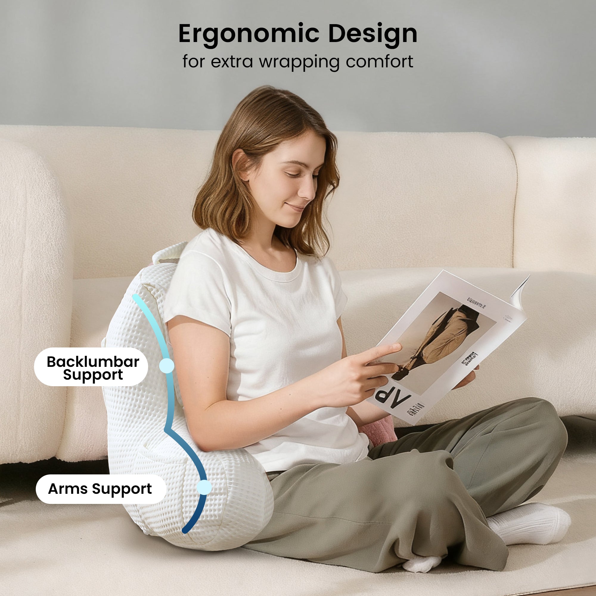 Snuggle Sac Backrest pillow featuring ergonomic support for back and arm when reading.#Color_Ivory
